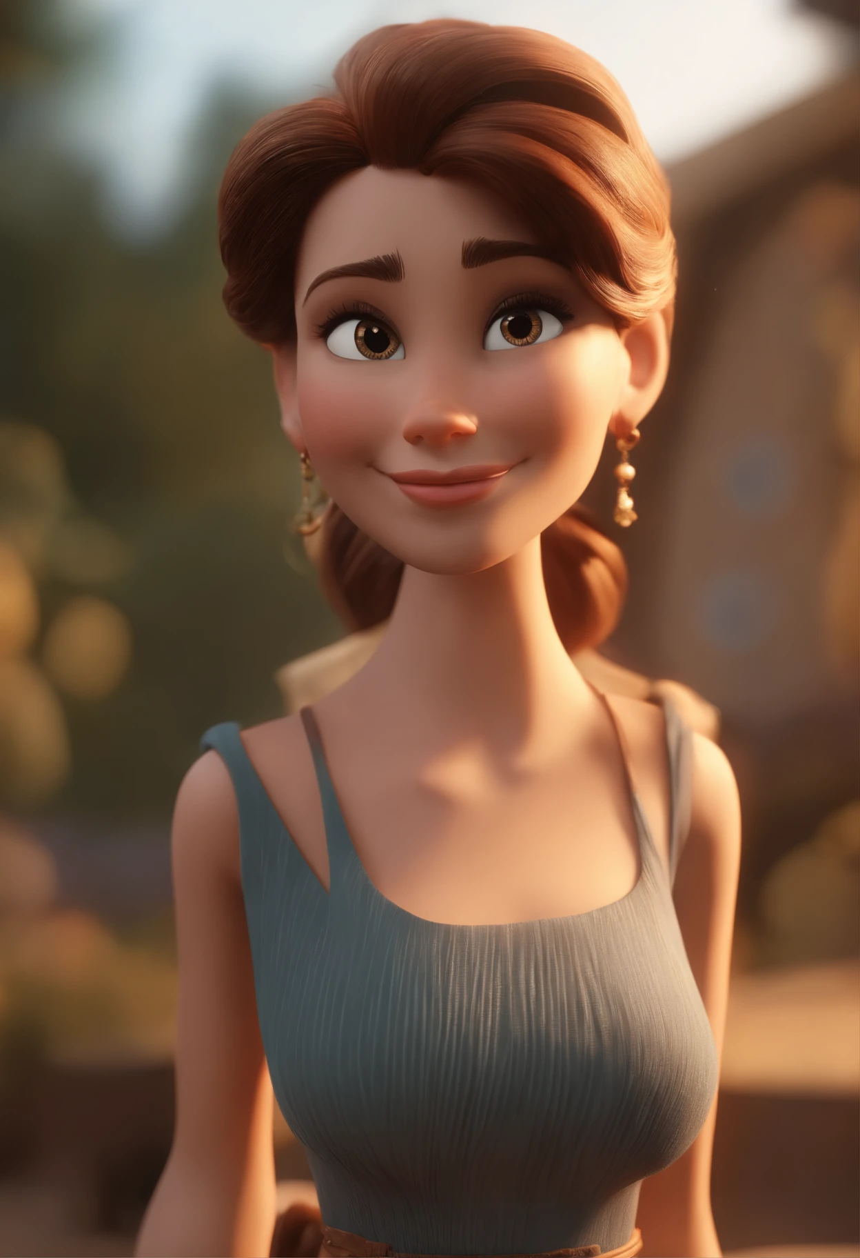 Personagem dos desenhos animados de uma mulher, cabelo liso marrom escuro e uma camisa bege,animation character, Caractere estilizado, animation style rendering, 3D estilizado, 3 d render stylized, toon render keyshot, Personagem 3D, Personagem 3D, 3d rendering stylized, 3 d character render, personagem de desenho animado, Personagem de close up, Pose de personagem,  (Estilo Pixar) (master part:1.2) (Bokeh) (best quality) (pele detalhada) (textura detalhada) (8k) (argila) (Cinematic lighting) (foco nítido