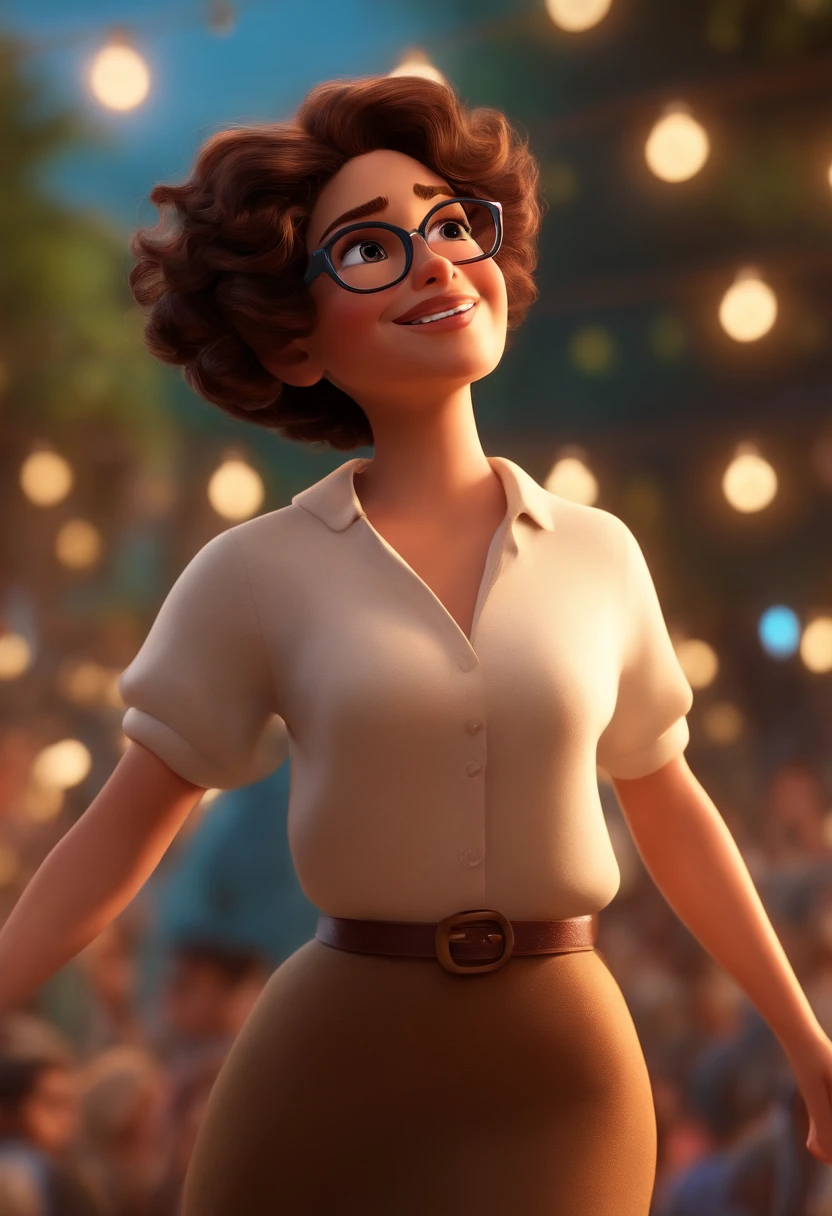 Pixar style image with 3D character white glasses brunette woman short curly hair dancing, Maquiagem Disney,Pescador, bonitinho, sorridente ,Close-up, Pixar, Disney, Cinema lighting,