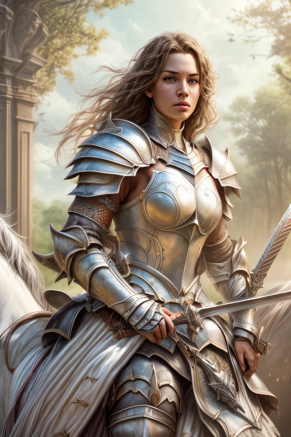 (fantasy movie poster: 1.5) named The White Knight,(movie poster: 1.5), RPG art, a beautiful  woman knight ridong a white horse, armed with a sword, wearing heavy armor LnF, Ultra-Wide Angle, high detail, award winning, best quality, HD, 16K, rendering, high details, best quality, highres, ultra wide angle, 3D rendering, [[anatomically correct]]