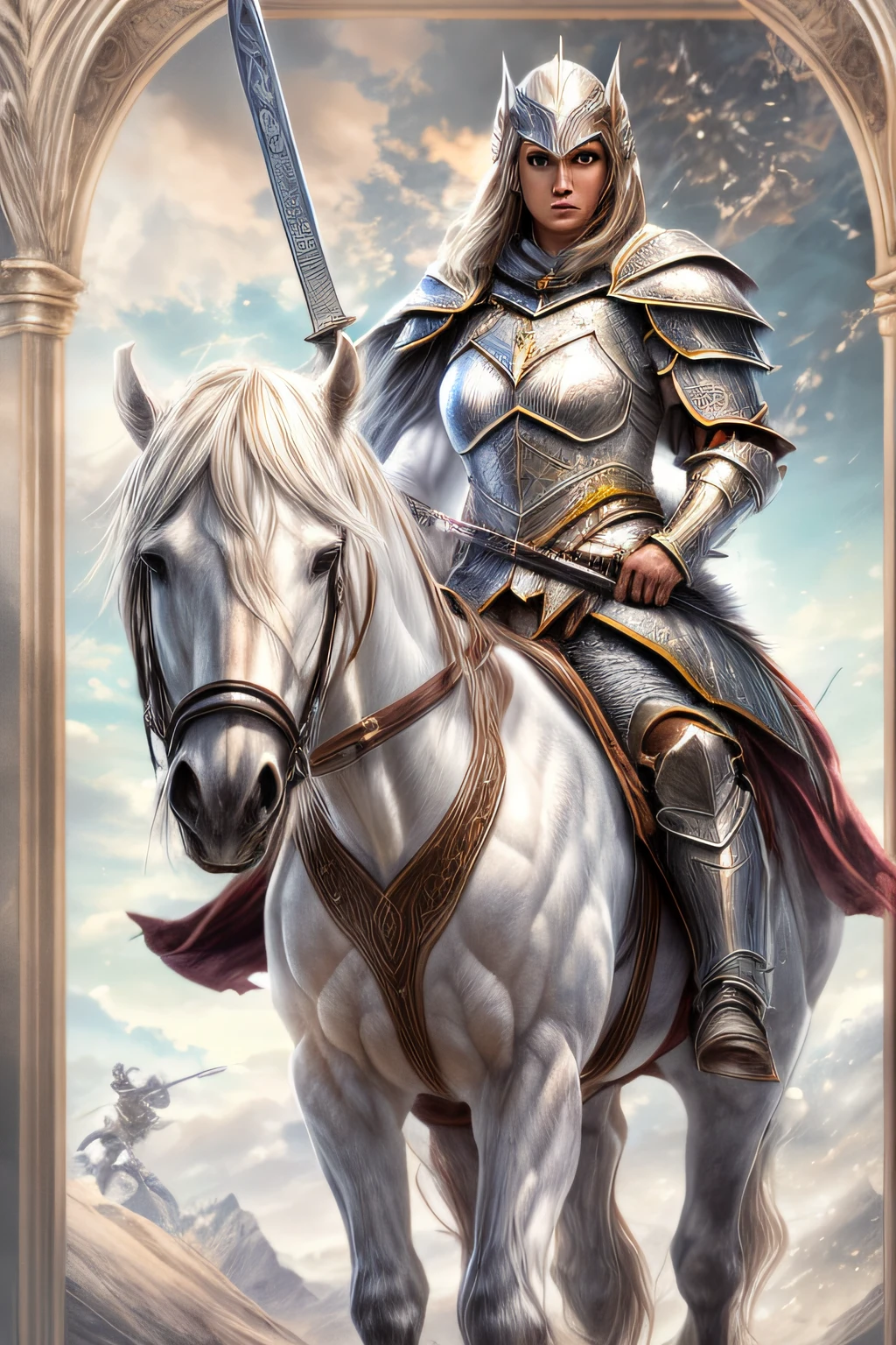 (fantasy movie poster: 1.5) named The White Knight,(movie poster: 1.5), RPG art, a beautiful  woman knight ridong a white horse, armed with a sword, wearing heavy armor LnF, Ultra-Wide Angle, high detail, award winning, best quality, HD, 16K, rendering, high details, best quality, highres, ultra wide angle, 3D rendering, [[anatomically correct]]