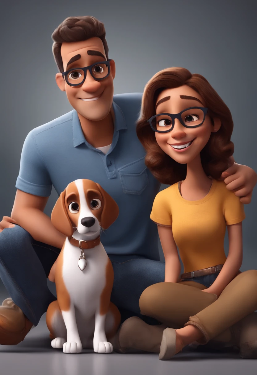 Create a Pixar-style image, realistic and Disney-inspired, depicting a 32-year-old white-skinned man, short black hair, clean and small beard, not smart either, slightly muscular. Beside him, a 27 year old blonde woman with long hair, wearing glasses, with completely tattooed arms. Both are accompanied by two Shih Tzu dogs; one with brown fur and the other with white fur and caramelized parts, both approximately 1 year old. Everyone is together, in a welcoming and cheerful setting