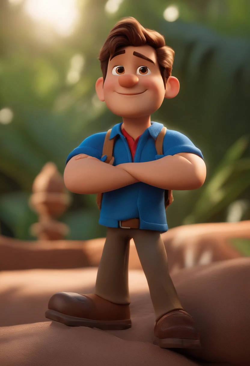 Garoto, estilo disney, tom de pele: claro: Cabelo: marrom escuro, liso, curto, penteado para o lado direito. camisa: social, Cor azul. Fundo: Gray and white gradient,Comemorando, Hands raised, sorrindo, feliz, (estilo pixar) (obra-prima:1.2) (bokeh) (melhor qualidade) (pele detalhada) (textura detalhada) (8k) (claymation) (cinematic lighthing) (foco nítido