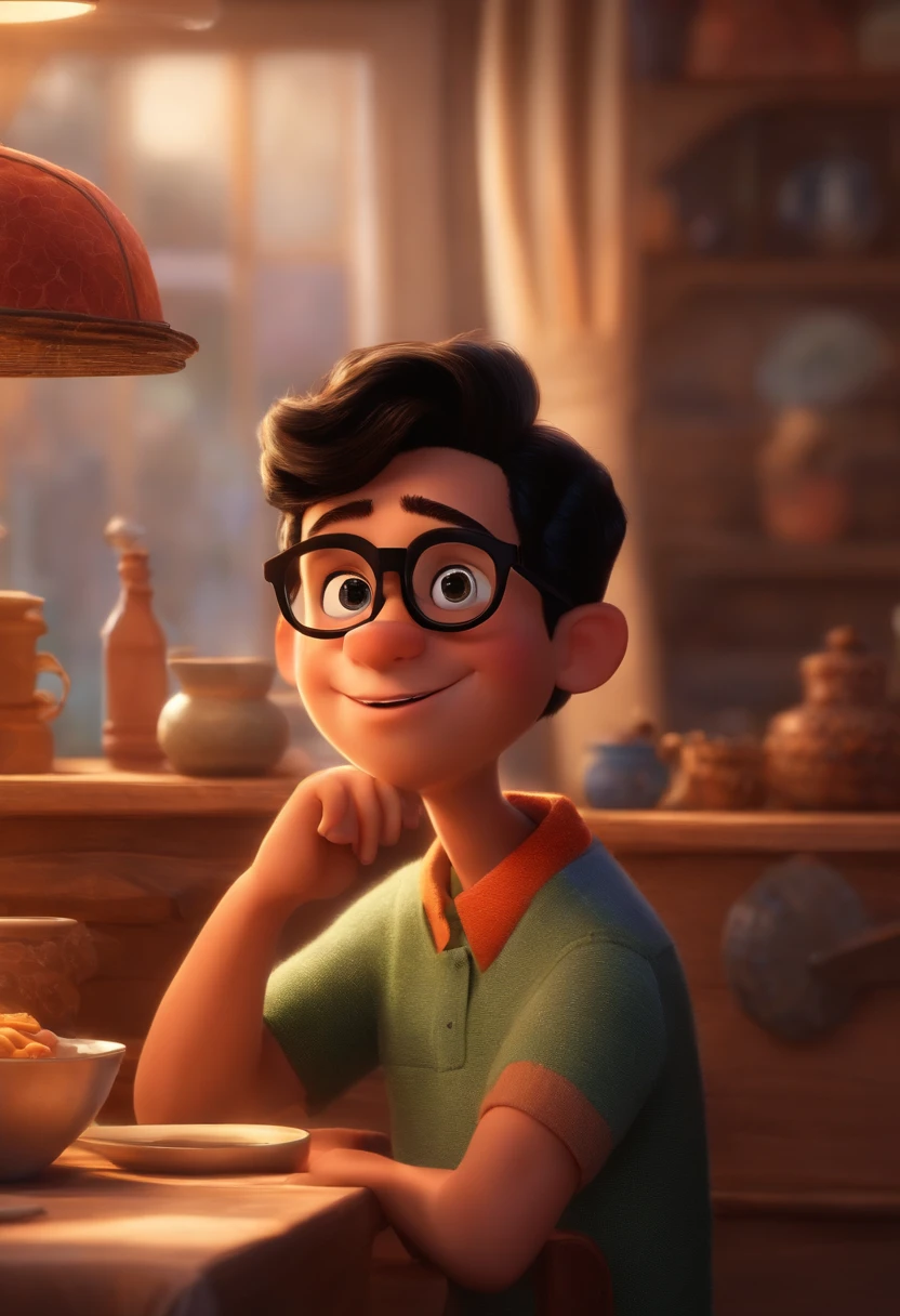 Um filme inspirado na Disney Pixar ( HOMEM 1,76m 26 YEARS OLD WITH BLACK HAIR AND PRESCRIPTION GLASSES) dentro A cena estar na arte distinta do estilo PIXAR, descolada e estilosa