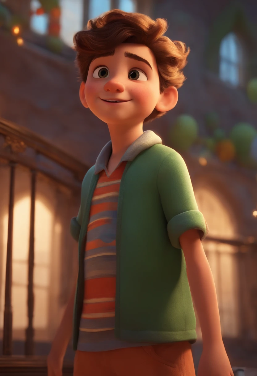 Image of a boy for a story in a YouTube video in Pixar format, He's the  allabester, He's the class leader, He's outgoing, Playful and gets up for a lot of things, cabelo curto