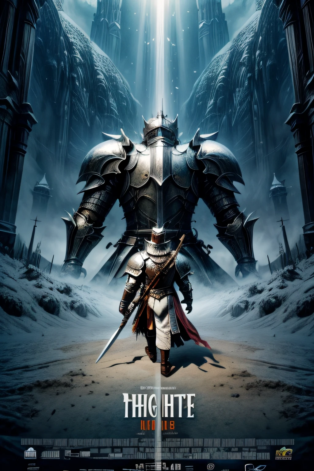 (fantasy movie poster: 1.5) named The White Knight,(movie poster: 1.5), RPG art, a beautiful  woman knight ridong a white horse, armed with a sword, wearing heavy armor LnF, Ultra-Wide Angle, high detail, award winning, best quality, HD, 16K, rendering, high details, best quality, highres, ultra wide angle, 3D rendering, [[anatomically correct]]