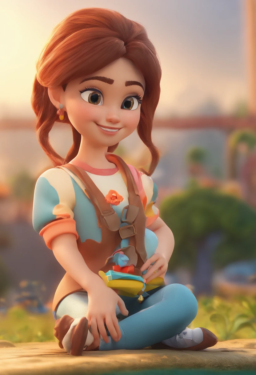 A cartoon girl sitting on a ledge with a toy in her hand - SeaArt AI