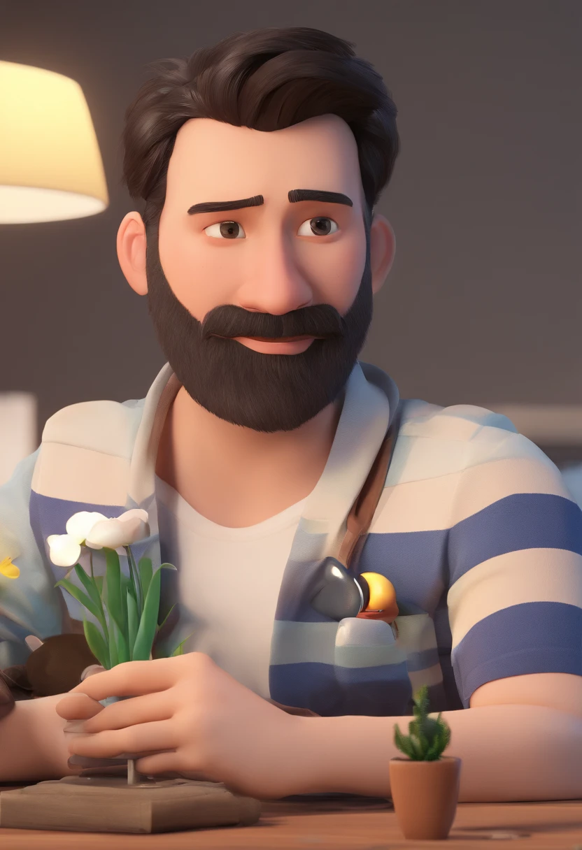 - man's skin is black and man's hair has while and dark brown hair short beard Are a room to share a special moment , Insights. Ilustre essa cena de uma perspectiva , Sorrindo e mostrando sua alegria . Desenvolva esta arte em Full HD, Focus on your cinematic touch, Estilo Disney Pixar Animations