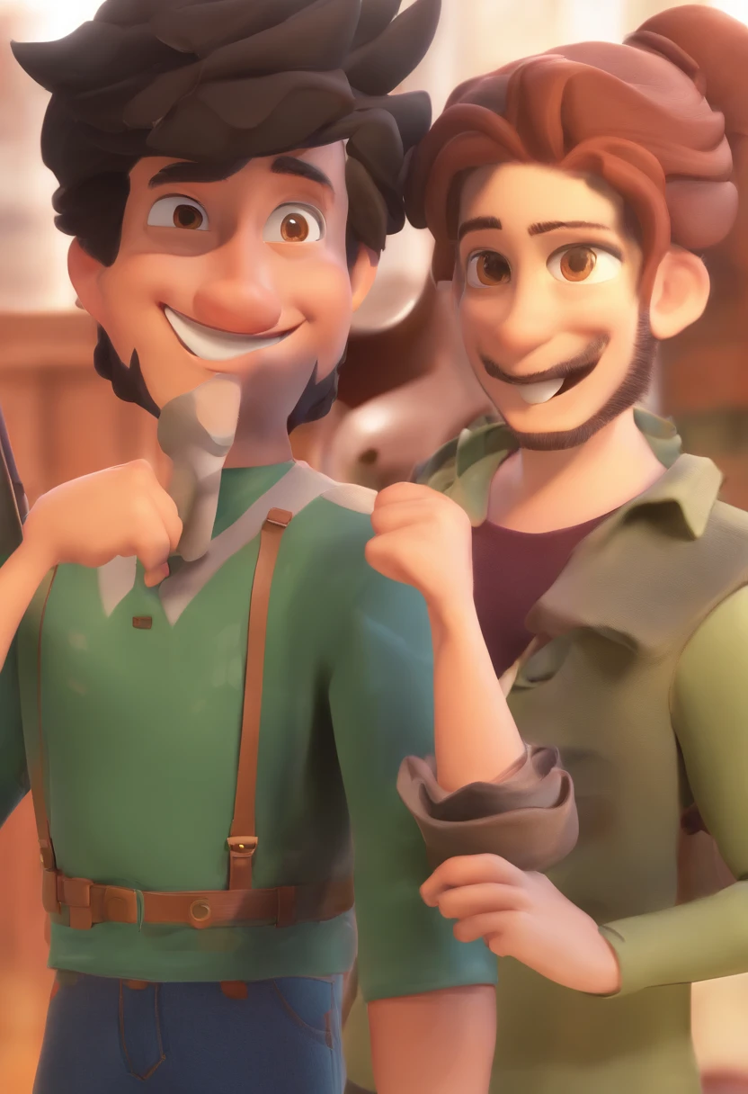 - man's skin is black and man's hair has while and dark brown hair short beard Are a room to share a special moment , Insights. Ilustre essa cena de uma perspectiva , Sorrindo e mostrando sua alegria . Desenvolva esta arte em Full HD, Focus on your cinematic touch, Estilo Disney Pixar Animations