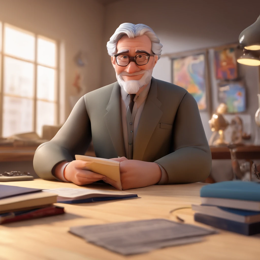 Crie um cartaz inspirado na Disney Pixar com o personagem sendo o pastor Rubens Janier, A gray-haired man wearing glasses, in an office with a Bible on the table