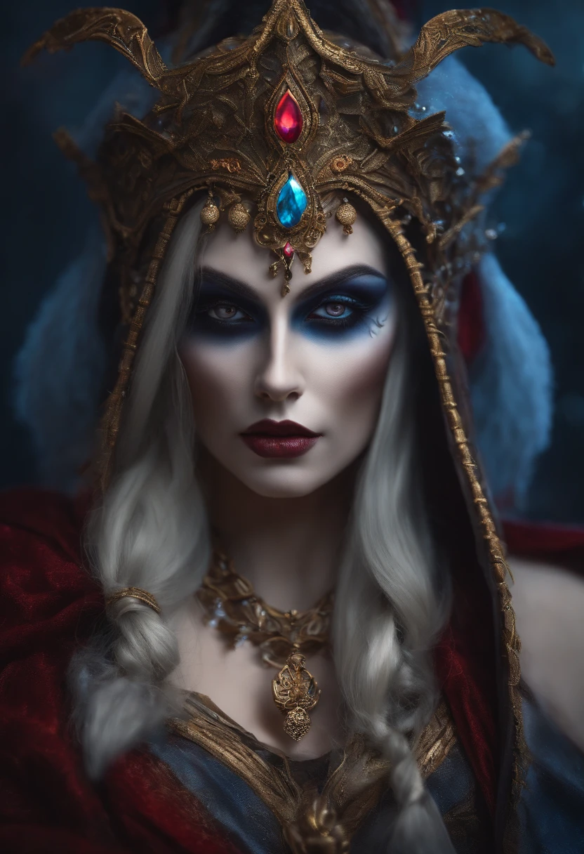 absurd, king, queen, masquerade, eerie, colored smoke and hallucinations in the atmosphere