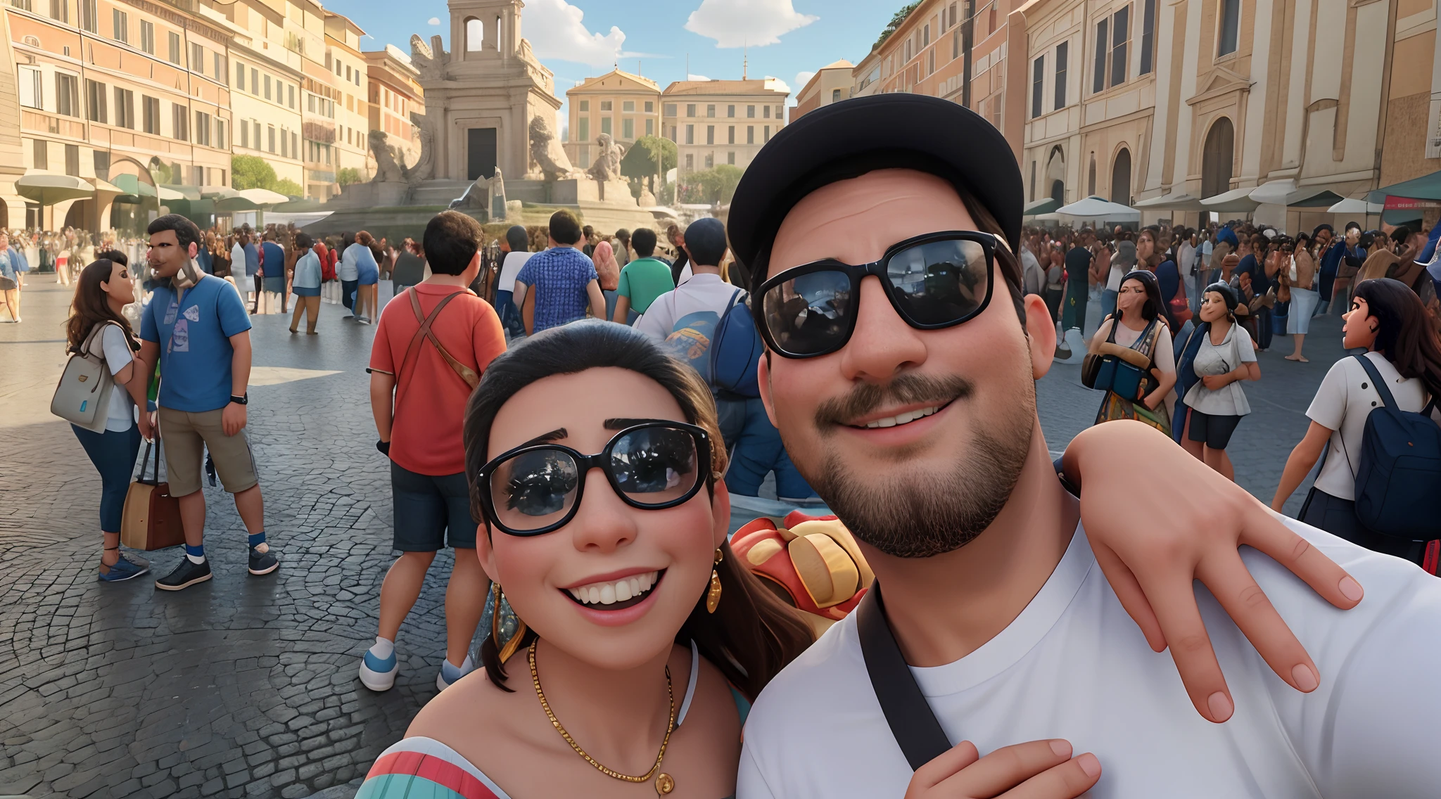 They are posing for a photo in a crowded town square, vacation photo, Roma no fundo, divertindo-se, Foto do perfil 1024px, rome backdrop, imagem de perfil, Divirta-se, Roma, turistas em segundo plano, Directed by: Tom Wänerstrand, Fotografia tirada em 2 0 2 0, Roma, Foto do perfil, no coliseu, Estilo Pixar, Cartoon