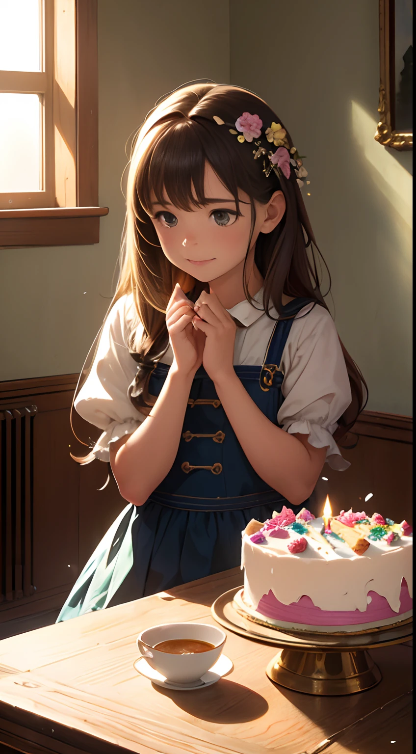 (highres,)A masterpiece:1.2, (realistic:1.37) portrayal of a poor girl celebrating her birthday with a simple birthday cake. The scene captures every exquisite detail, showing the girl's longing eyes, hopeful smile, and the light shimmering on her face. The artwork is created with meticulous attention to detail to evoke an emotional response.
The girl, dressed in worn-out clothes, is surrounded by a modest room with faded wallpaper and peeling paint. The room is filled with a warm, golden light that emanates from a single old lamp, casting soft shadows on the walls. The girl sits at a small, wooden table, her hands delicately holding a homemade cake adorned with a single lit candle.
The birthday cake, made with love and care, is a humble creation. Its icing is imperfect, yet it bears the marks of the girl's effort and dedication. The cake is adorned with little flowers made from sugar and a sprinkle of colorful confetti. The aroma of freshly baked cake fills the room, heightening the sense of celebration.
In the background, a small window reveals a glimpse of the outside world. Through the window, a gentle breeze sways the curtains, carrying the distant sound of laughter and joyful celebrations. The contrast between the girl's humble room and the world beyond symbolizes her aspirations and dreams.
The artwork is rendered in a photorealistic style, capturing the tiny details of the girl's face, the texture of the cake, and the play of light and shadow. The colors are vivid, with warm hues dominating the scene, conveying a sense of warmth and hope.
With this prompt, Stable Diffusion will generate a high-quality image that beautifully captures the essence of the poor girl's birthday celebration, evoking empathy and appreciation for the beauty found in simplicity.