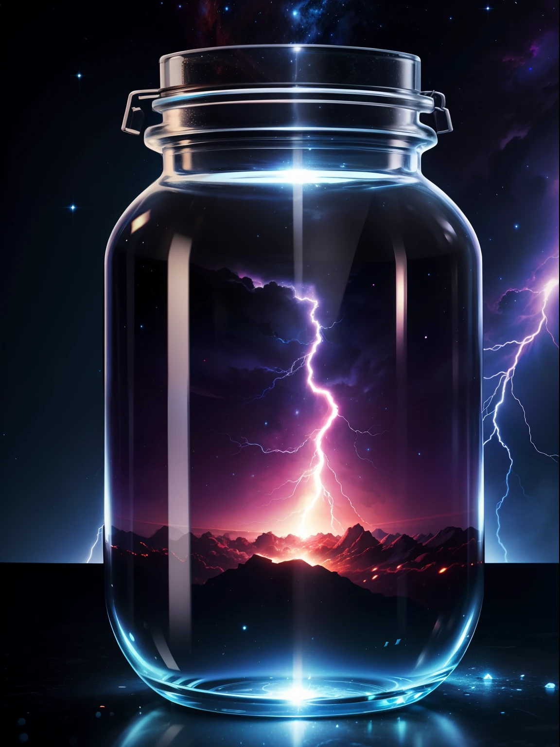 An entire universe contained inside of a glass jar, super realistic, hyper detailed, dramatic lightning, 4k