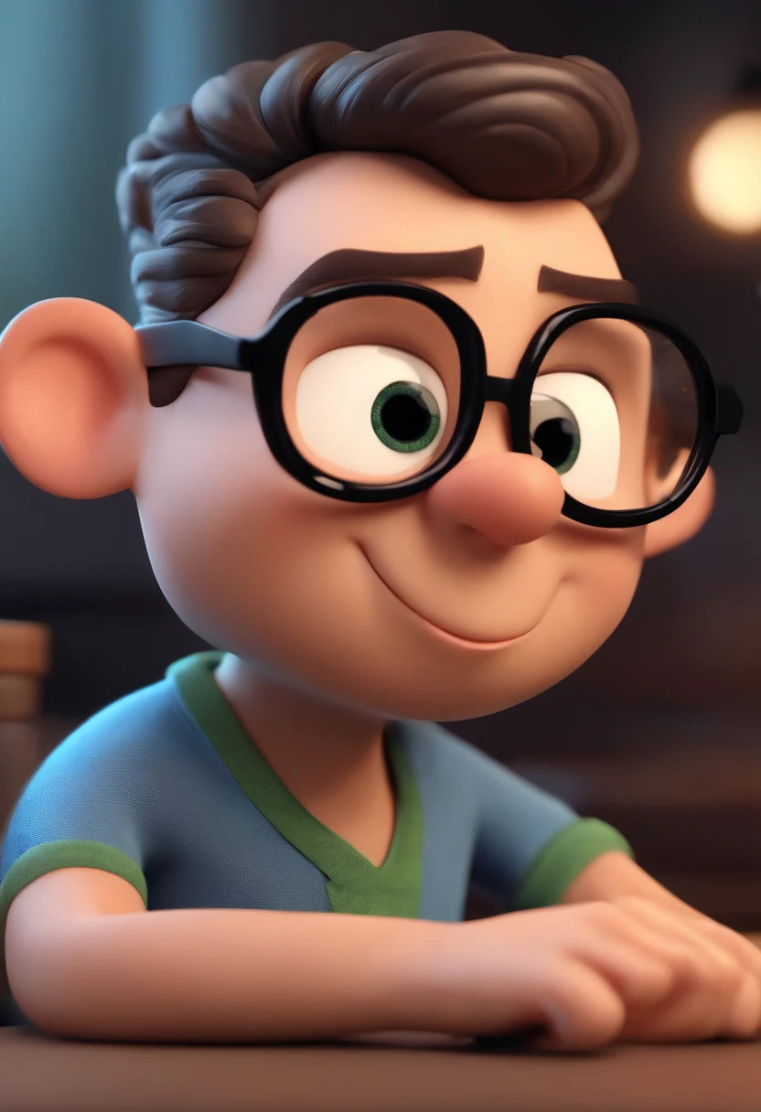 Cartoon character of a man wearing black glasses and a blue shirt, um personagem animado, Caractere estilizado, animation style rendering, 3D estilizado, Arnold Maya render, 3 d render stylized, toon render keyshot, Personagem 3D, Personagem 3D, 3d rendering stylized, 3 d character render, personagem de desenho animado, Personagem de close up, Pose de personagem, (Estilo Pixar) (master part:1.2) (Bokeh) (best quality) (pele detalhada) (textura detalhada) (8k) (argila) (Cinematic lighting) (foco nítido,Senta e vaza a parte superior do corpo