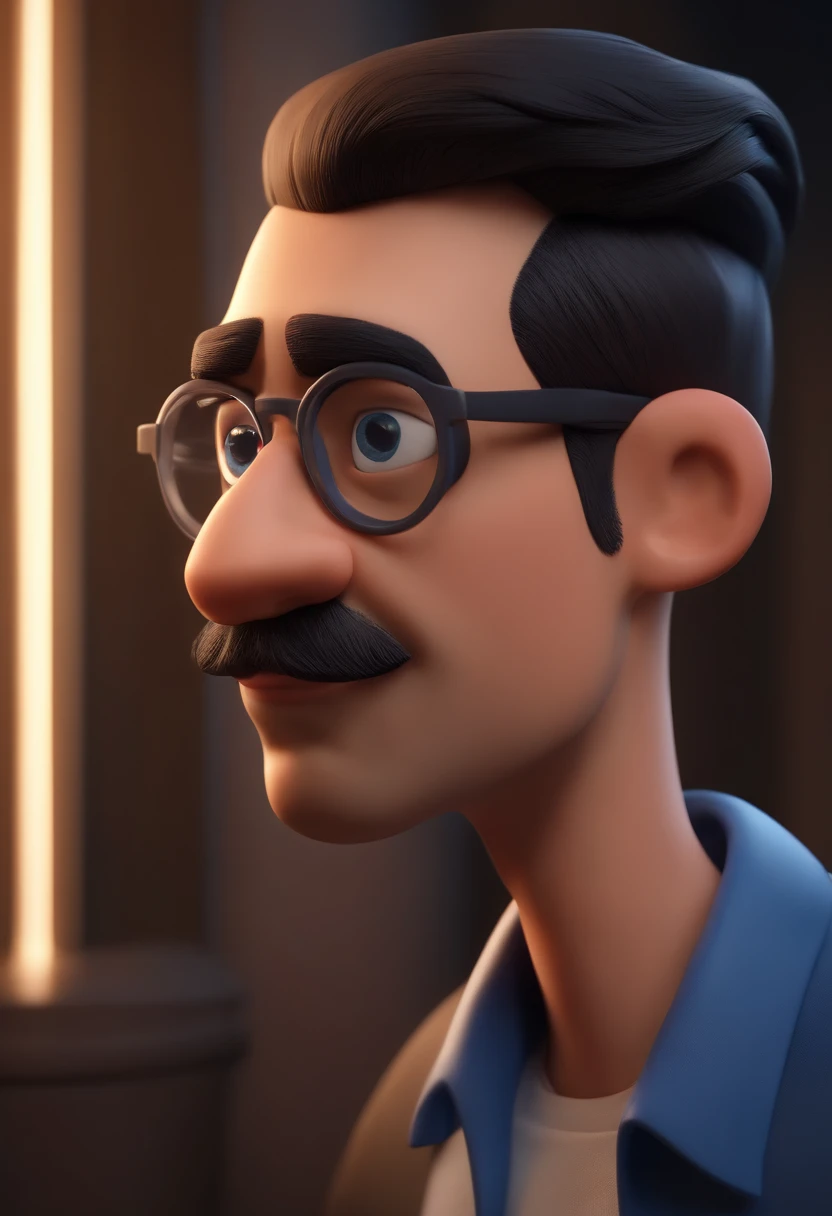 Cartoon character of a man wearing black glasses and a blue shirt, um personagem animado, Caractere estilizado, animation style rendering, 3D estilizado, Arnold Maya render, 3 d render stylized, toon render keyshot, Personagem 3D, Personagem 3D, 3d rendering stylized, 3 d character render, personagem de desenho animado, Personagem de close up, Pose de personagem, (Estilo Pixar) (master part:1.2) (Bokeh) (best quality) (pele detalhada) (textura detalhada) (8k) (argila) (Cinematic lighting) (foco nítido,Senta e vaza a parte superior do corpo