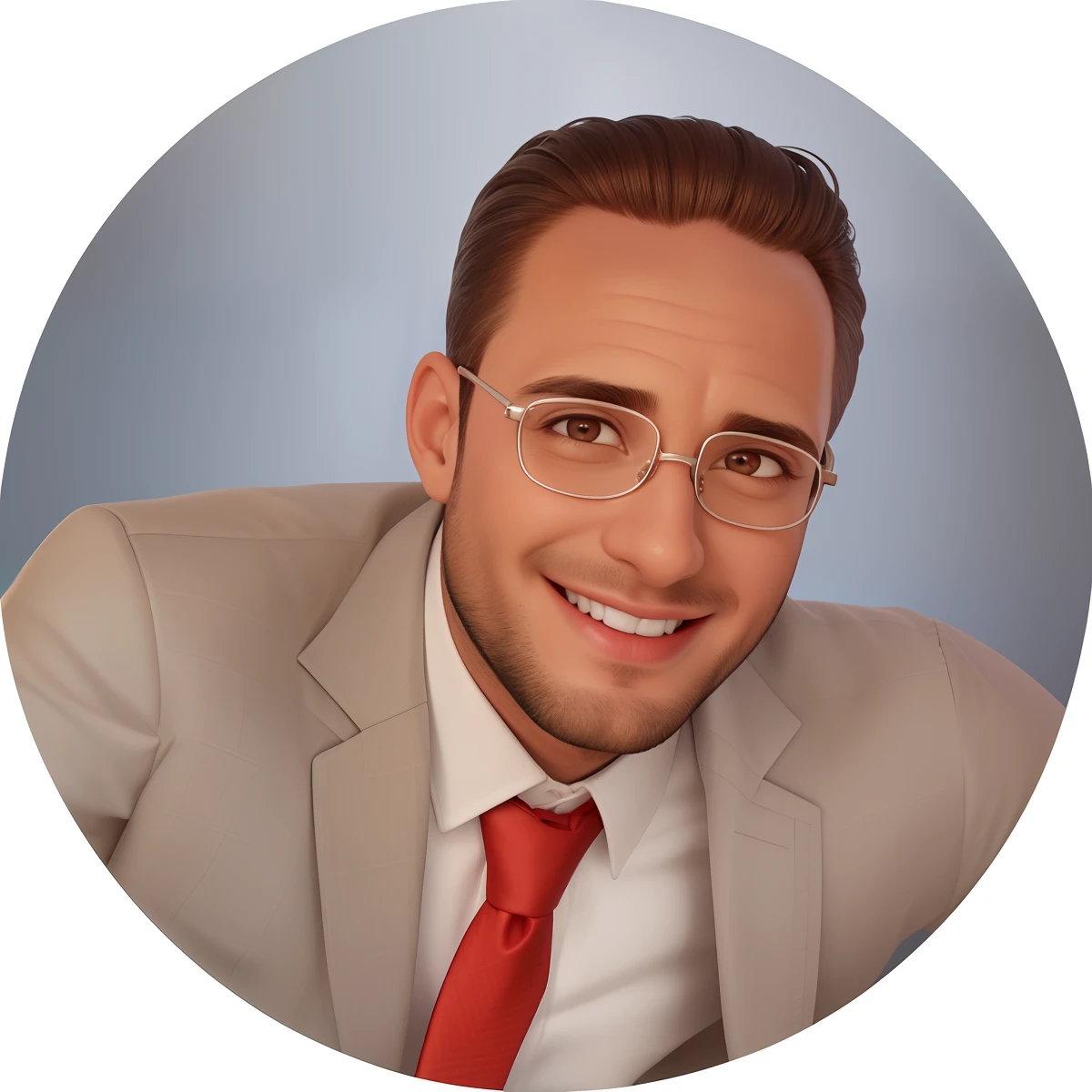 Um homem de 30 anos, advogado, com cabelos castanhos curtos,face de diamante, olhar rigoroso, e olhos castanhos, Wearing white white shirt with red tie and glasses.