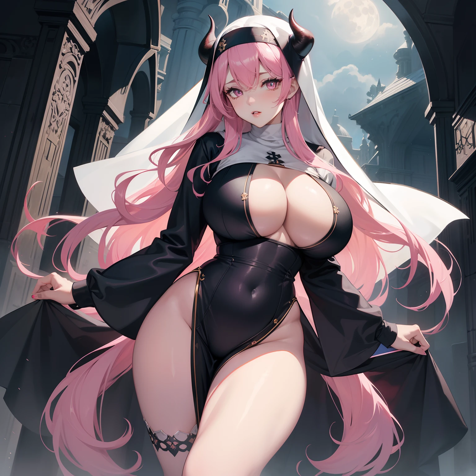 Masterpiece, best quality, ((((Solo)))) Girl with long pink hair, facing camera, (pink eyes), large chest, ((wearing a nun outfit)), (((wide hips and big boobs))) curvy physique, cleavage, dark night outside, under a moon, stone pillars, beautiful eyes, perfect hands, (full lips), ((sexy dress)), wearing silver jewelry, ((sexy pose)), hands on chest, dark forest, stockings, ((mature woman)), beautiful legs, demon horns