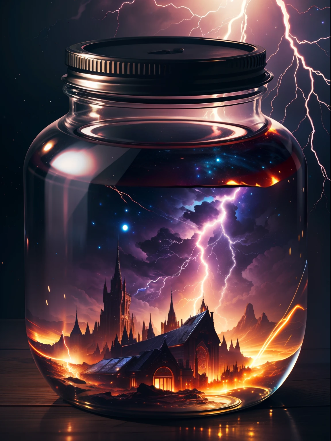 An entire universe contained inside of a glass jar, super realistic, hyper detailed, dramatic lightning, 4k