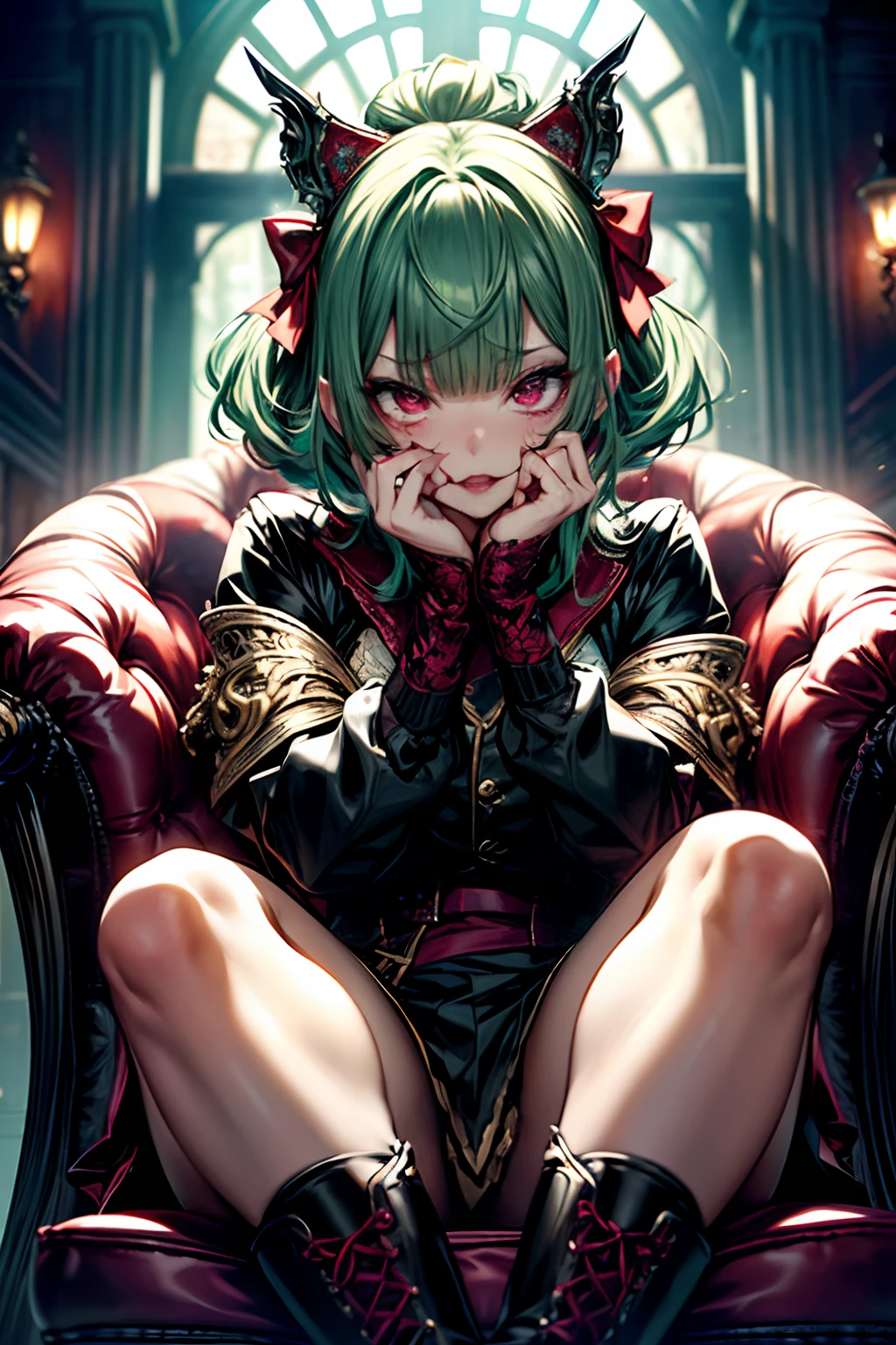 dead body、Blood everywhere、blood splashing、dark hue、Red hue、aiming at viewer, Have a pistol, pistols, (masterpiece)、(top-quality)、a throne、cross one's legs、Put your hand in your crotch、
makeup, red blush, 耳环, heart mark, high-heels, 1girl in, florals, the bow,looking in camera、Ahegao ( Silly / Sexual ecstasy)、Cross-eyed、Stranger、View other people、Blunt bangs、 over-kneehighs,Ahegao , Silly,Sexual ecstasy,Drunken eyes,Blunt bangs, Green hair,(masutepiece:1.2, Best Quality), (finely detailed beautiful eye: 1.2), (Detailed background,Dark Fantasy), (beautifull detailed face), High contrast, (Best Illumination, extremely delicate and beautiful), ((Cinematic Light)), Colorful, Hyper Detail, Dramatic light, Intricate details,