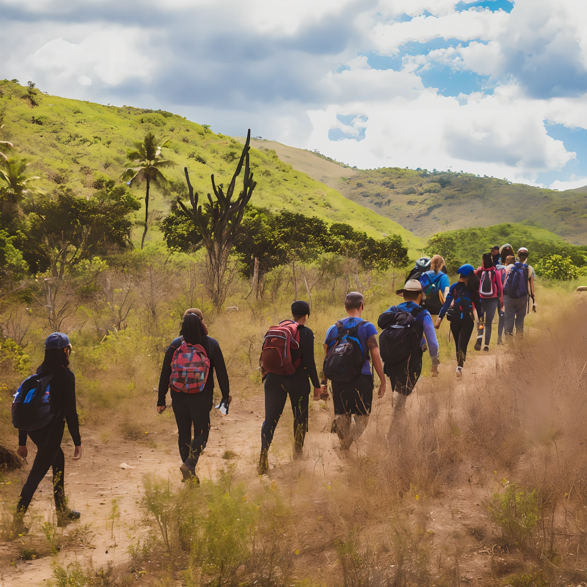 pessoas caminhando em uma trilha nas montanhas com mochilas, trecking, exploration, aventura, viagem, Trekking em uma floresta, Andarilhos viajando de longe, Membros da tribo perseguindo, towards the camera, Aventurar, pilgrimage, 💣 💥💣 💥, explorar, editing, college, Descendo, Escolas, ambulante, 💣 💥, training, , fami, Motivacional, estilo Pixar, com placa iluminada escrito "Sua Serra" na parte superior