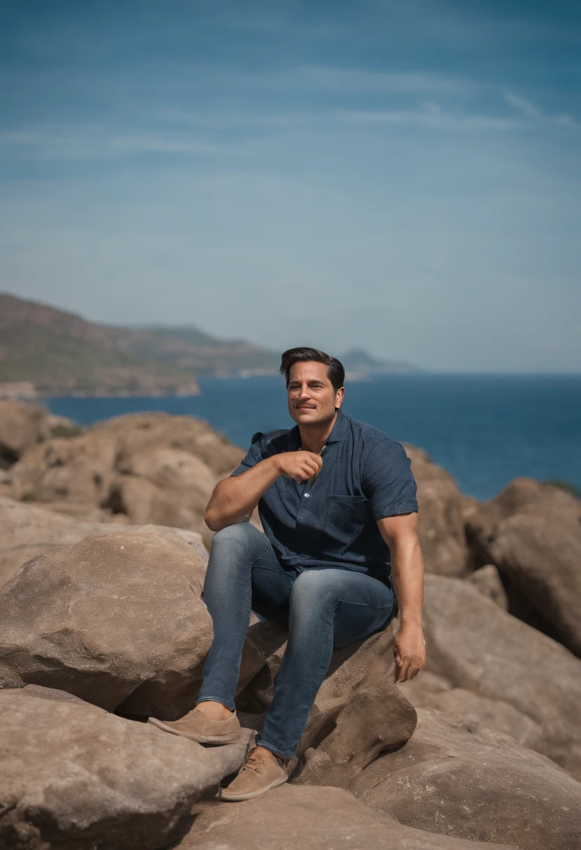 Homem moreno, jovem de 34 anos, brasileiro, vestindo uma camisa azul, sentado na beira do rio, imagem estilo disney, pixar, disney pixar