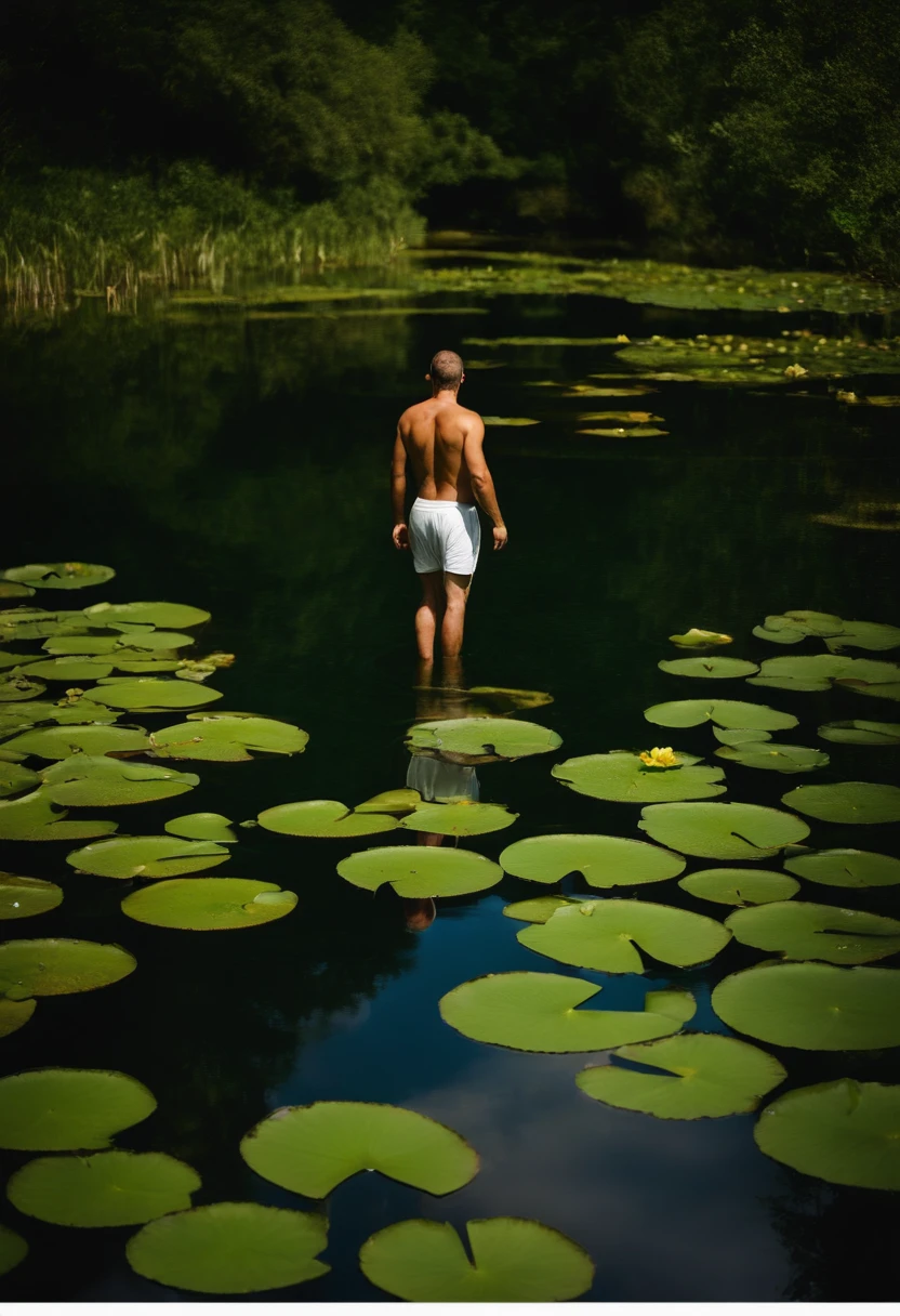 a man in a pond with lily pads in the water, em uma lagoa, standing in a pond, flutuando em um poderoso estado zen, nymph in the water, sentado em uma piscina reflexiva, floating underwater in a lake, sentado em uma lagoa, in water up to her shoulders, hair floats in water, em um lago, in the water