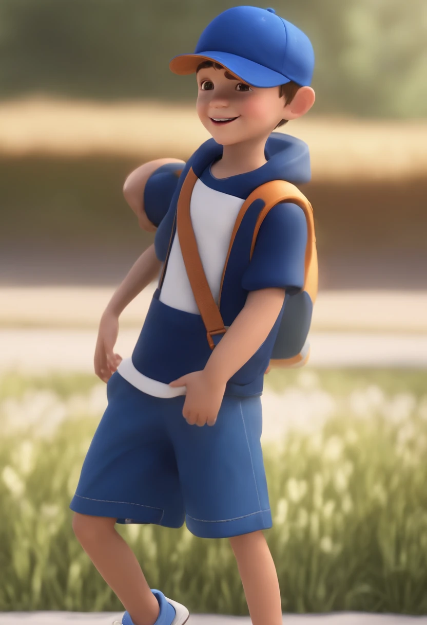A happy cute boy standing short hair with dark blue cap , vestindo uma camisa azul , , fundo branco, barnet, Tom, Estilo Pixar, ......3d, desenhos animados, rosto detalhado, asymmetrical 16k