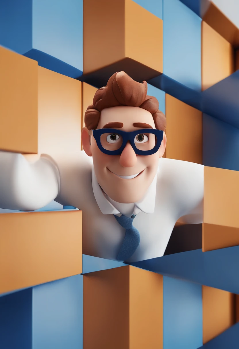 Cartoon character of a man wearing black glasses and a blue shirt, um personagem animado, Caractere estilizado, animation style rendering, 3D estilizado, Arnold Maya render, 3 d render stylized, toon render keyshot, Personagem 3D, Personagem 3D, 3d rendering stylized, 3 d character render, personagem de desenho animado, Personagem de close up, Pose de personagem, (Estilo Pixar) (master part:1.2) (Bokeh) (best quality) (pele detalhada) (textura detalhada) (8k) (argila) (Cinematic lighting) (foco nítido,Senta e vaza a parte superior do corpo