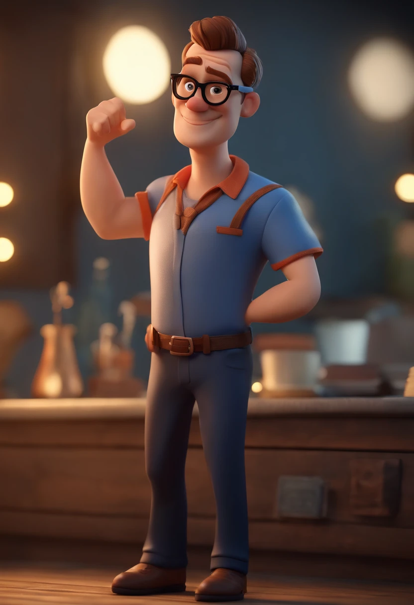 Cartoon character of a man wearing black glasses and a blue shirt, um personagem animado, Caractere estilizado, animation style rendering, 3D estilizado, Arnold Maya render, 3 d render stylized, toon render keyshot, Personagem 3D, Personagem 3D, 3d rendering stylized, 3 d character render, personagem de desenho animado, Personagem de close up, Pose de personagem, (Estilo Pixar) (master part:1.2) (Bokeh) (best quality) (pele detalhada) (textura detalhada) (8k) (argila) (Cinematic lighting) (foco nítido,Senta e vaza a parte superior do corpo