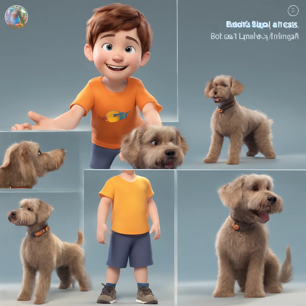 Lucas is a smiling 5-year-old human boy, com seu fiel amigo, parafuso, o cachorro schnauzer, deitados no jardim