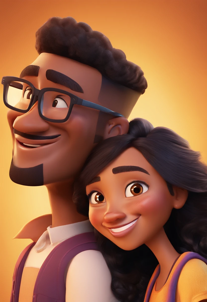 An illustration of an adorable couple, Highlight for a chubby mulatto man with smiling glasses and a brunette woman with beautiful expressive eyes - the man's skin is mulatto and the man's hair has, while the woman's skin is black and the woman's hair is straight and brown. They are a bright room, cada um com um sorriso no rosto, e compartilhar um momento especial caracterizado pelo amor, Insights. Illustrate this scene from a perspective where they are facing the camera, Smiling and Showing Your Connection. Desenvolva esta arte em Full HD, Focus on your cinematic touch, Estilo Disney Pixar Animations