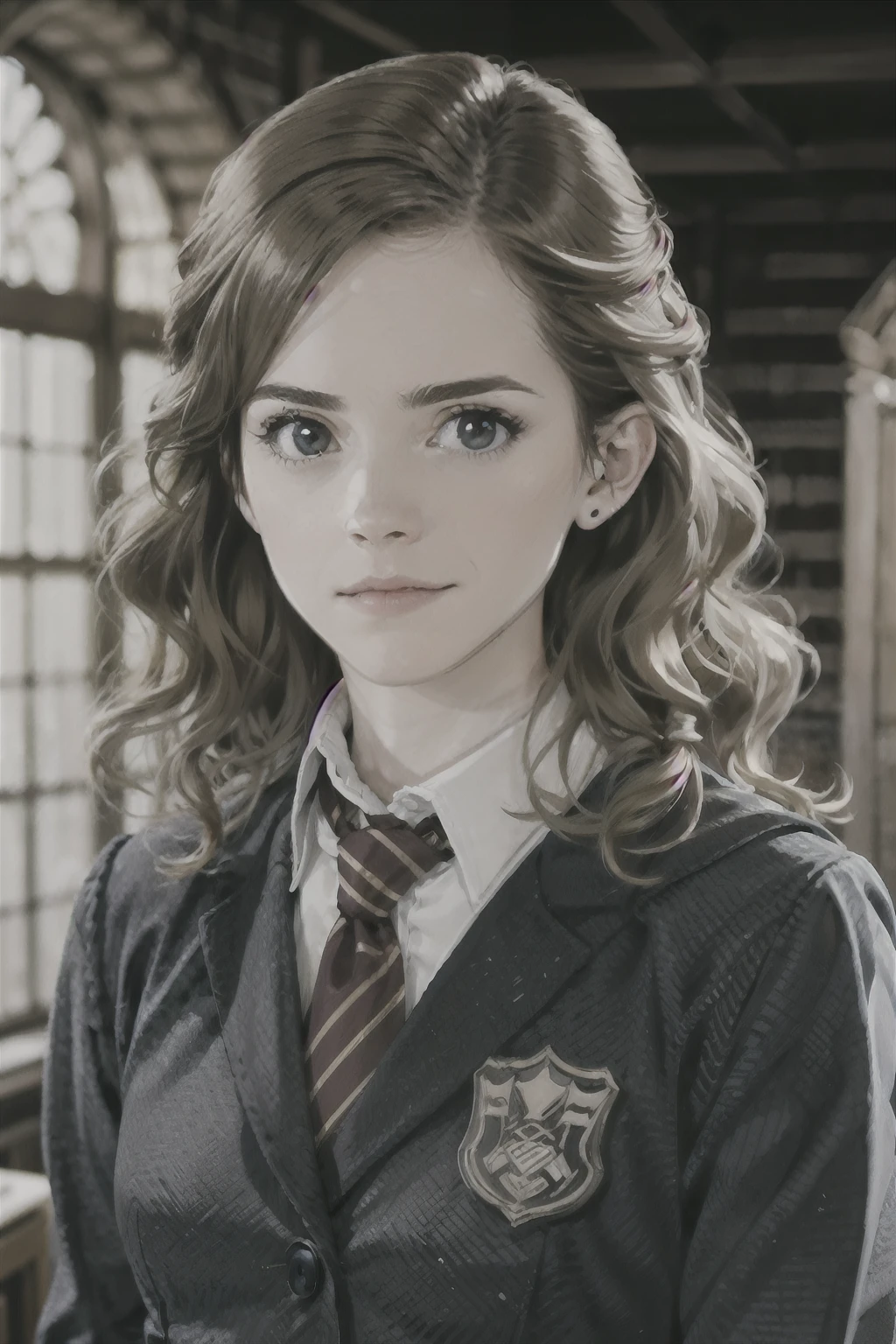 ((luz suave, best quality, 8k, master part: 1.3)), Clear focus: 1.2,1meninas,Hermione as a student at Gryffindor House,Vestindo o uniforme da Academia。Este uniforme geralmente inclui uma gravata listrada、Casaco Preto、Xale cinza、camisa branca e saia preta,mistic,profundidade de campo