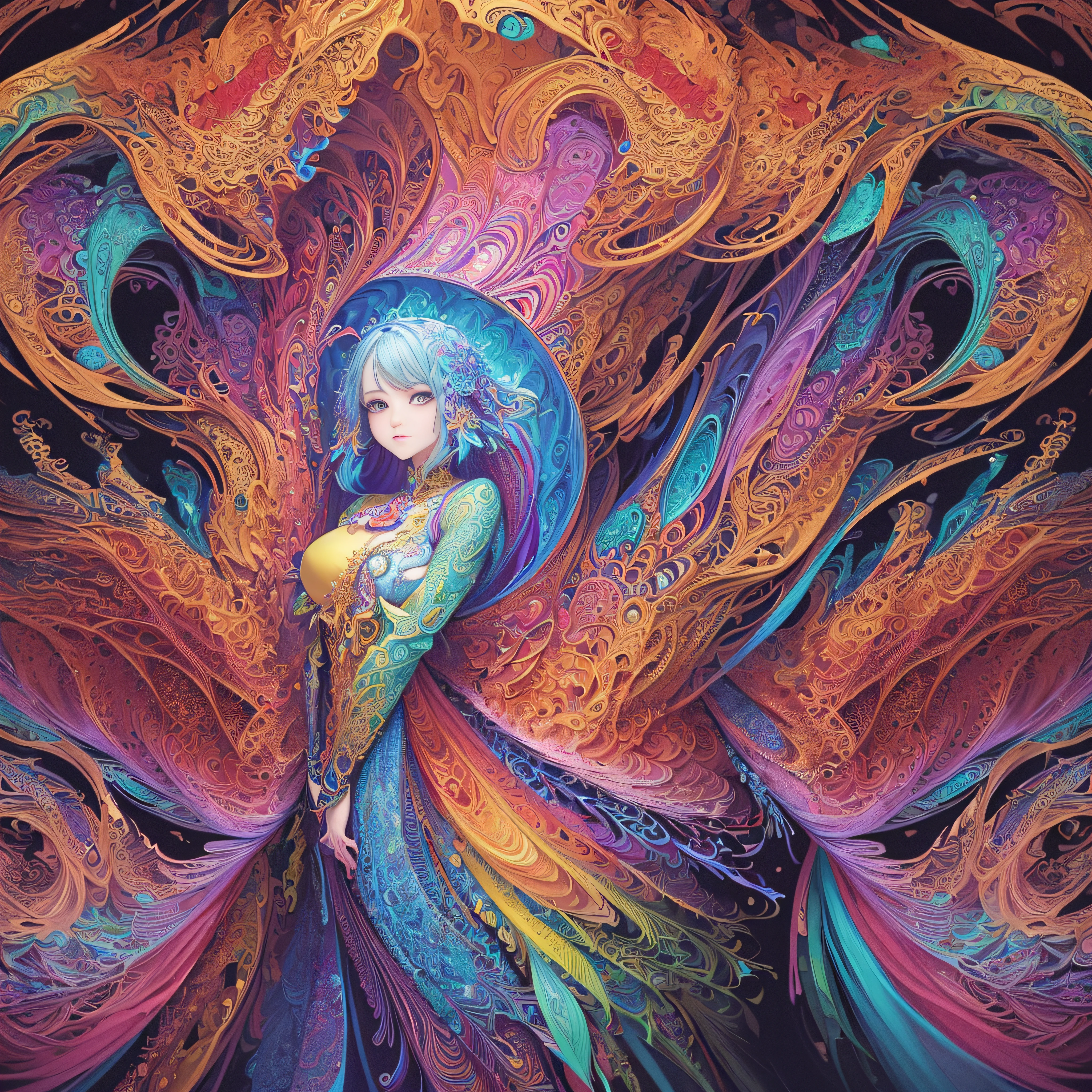 (masterpiece, top quality, best quality, official art, beautiful and aesthetic:1.2), (1girl:1.3), extremely detailed,(fractal art:1.2),colorful,highest detailed,(zentangle:1.2), (dynamic pose), (abstract background:1.5), (treditional dress:1.2), (shiny skin), (many colors:1.4), upper body