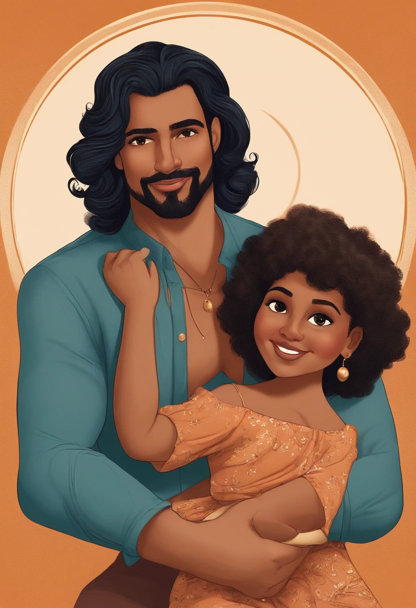 Homem de 33 anos, pardo, sem barba, cabelo preto, de camisa azul marinho com gola redonda, holding a 2 1/2-year-old on her lap, White child, cabelo loiro, olhos verdes, imagem no estilo pixar.