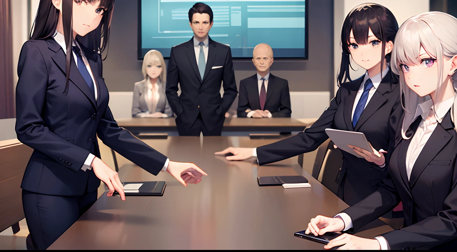 A long table in a business meeting, woman dressed in suits all looking at viewer, ((multiple people))