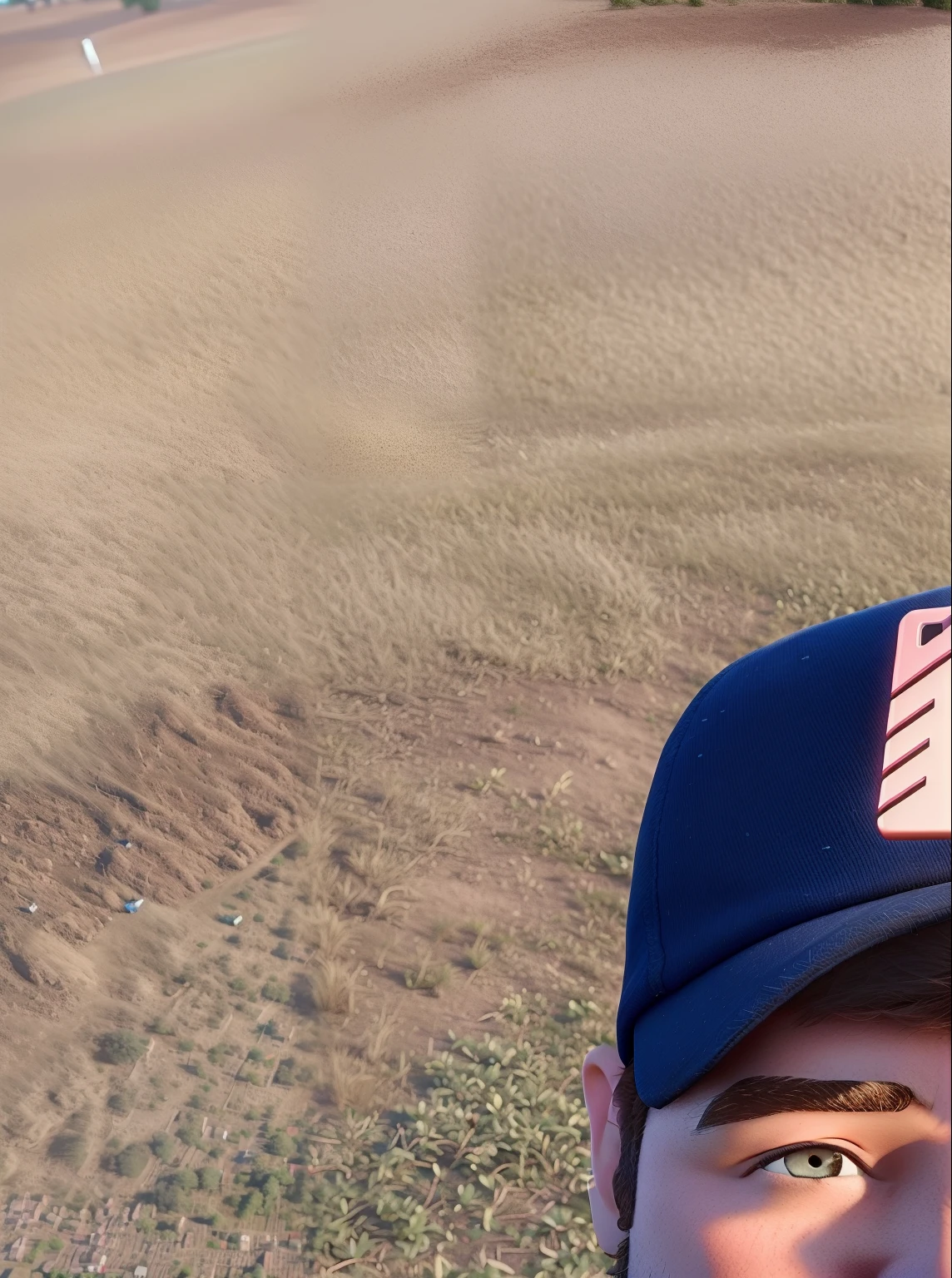 There is a man with a beard and blue cap taking a selfie, Fotografia selfie 8k, com um parque ao fundo, selfie de um homem, selfie shot straight on angle, david rios ferreira, Parque em segundo plano, no parque, malhar no campo, during sunset, foto selfie, Camilo GC, no parque em um belo dia, imagem de perfil, arte Pixar.