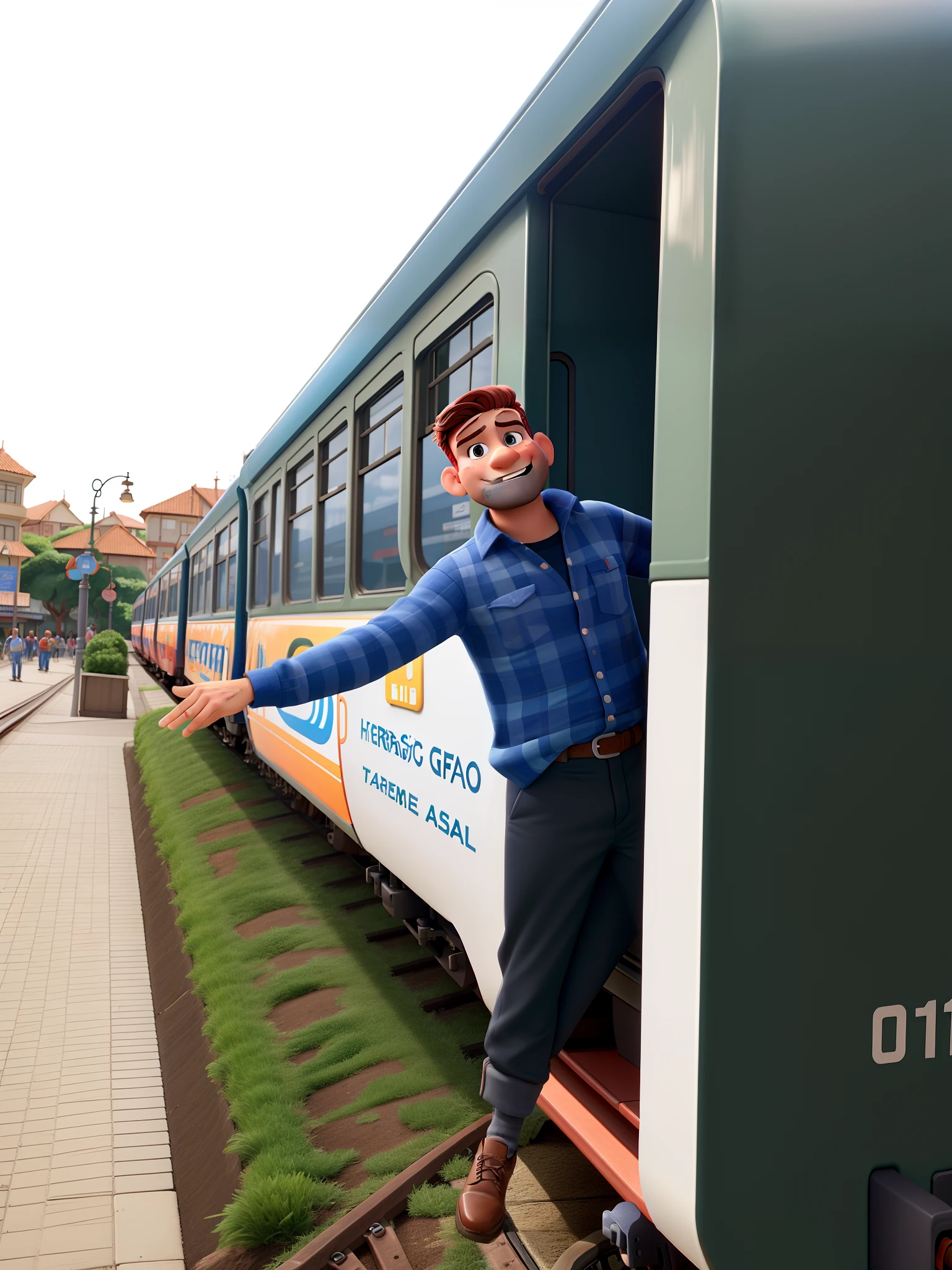 um homem moreno estilo Disney pixar acenando de um trem da Porto ex, alta qualidade, melhor qualidade