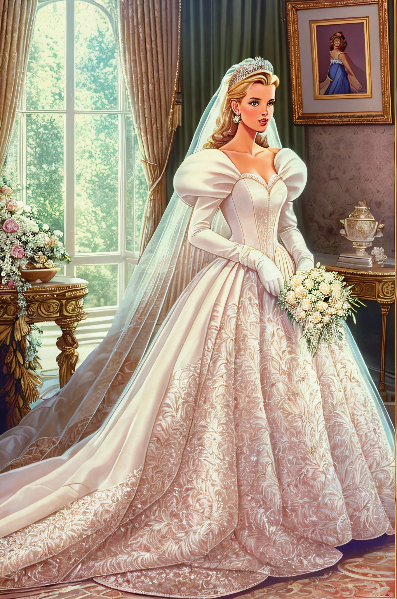 1980s style, Grace Kelly's royal wedding dress updated for the late 1980's with a Cinderella aesthetic