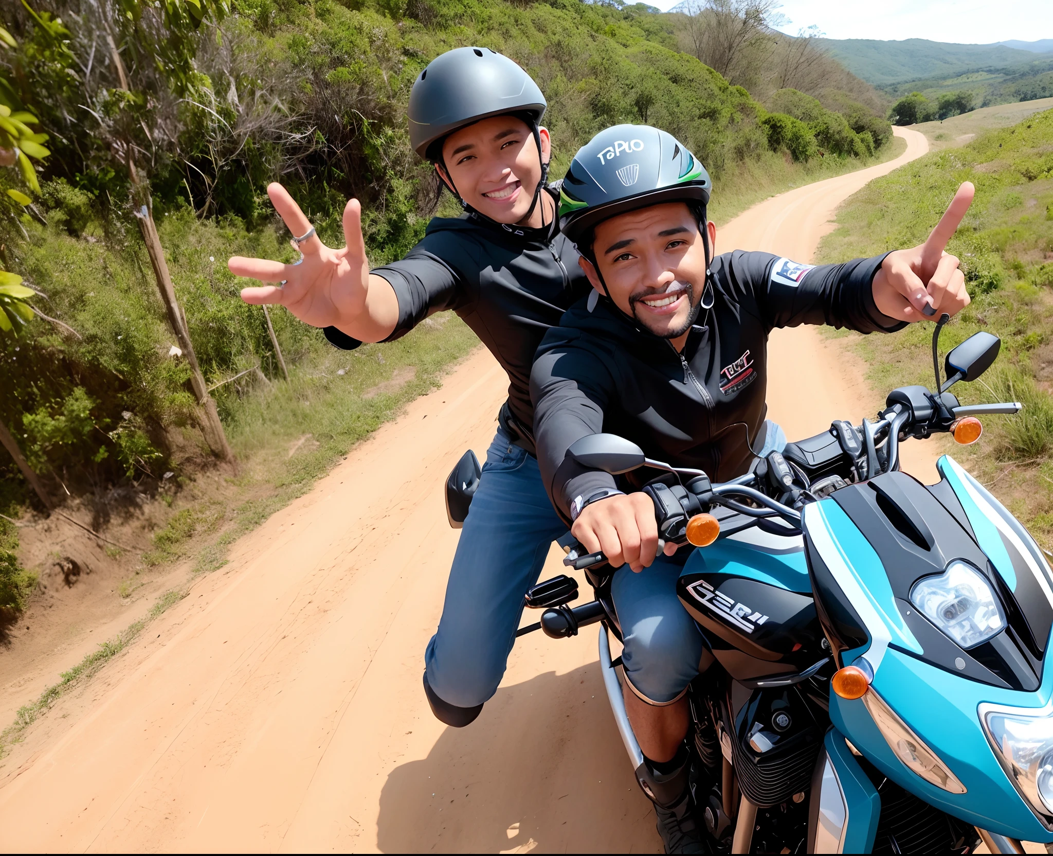 There are three men riding motorcycles on a dirt road, Torne-se profissional, touring, horseback riding, Assumido em Go Pro Hero8, Sri Lanka Mad Max Estilo, Feliz!!!, Selfie!!!!!, foto Selfie, Andar na estrada, na floresta da selva !!!, atrevido!!!, com muitos viajantes, Selfie, Directed by: Willian Murai, Postagem no Reddit, Tiro em GoPro9
