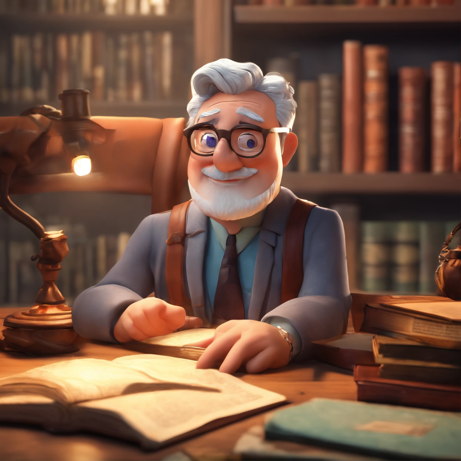 Crie um cartaz inspirado na Disney Pixar com o personagem sendo o pastor Rubens Janier, A gray-haired man wearing glasses, in an office with a Bible on the table