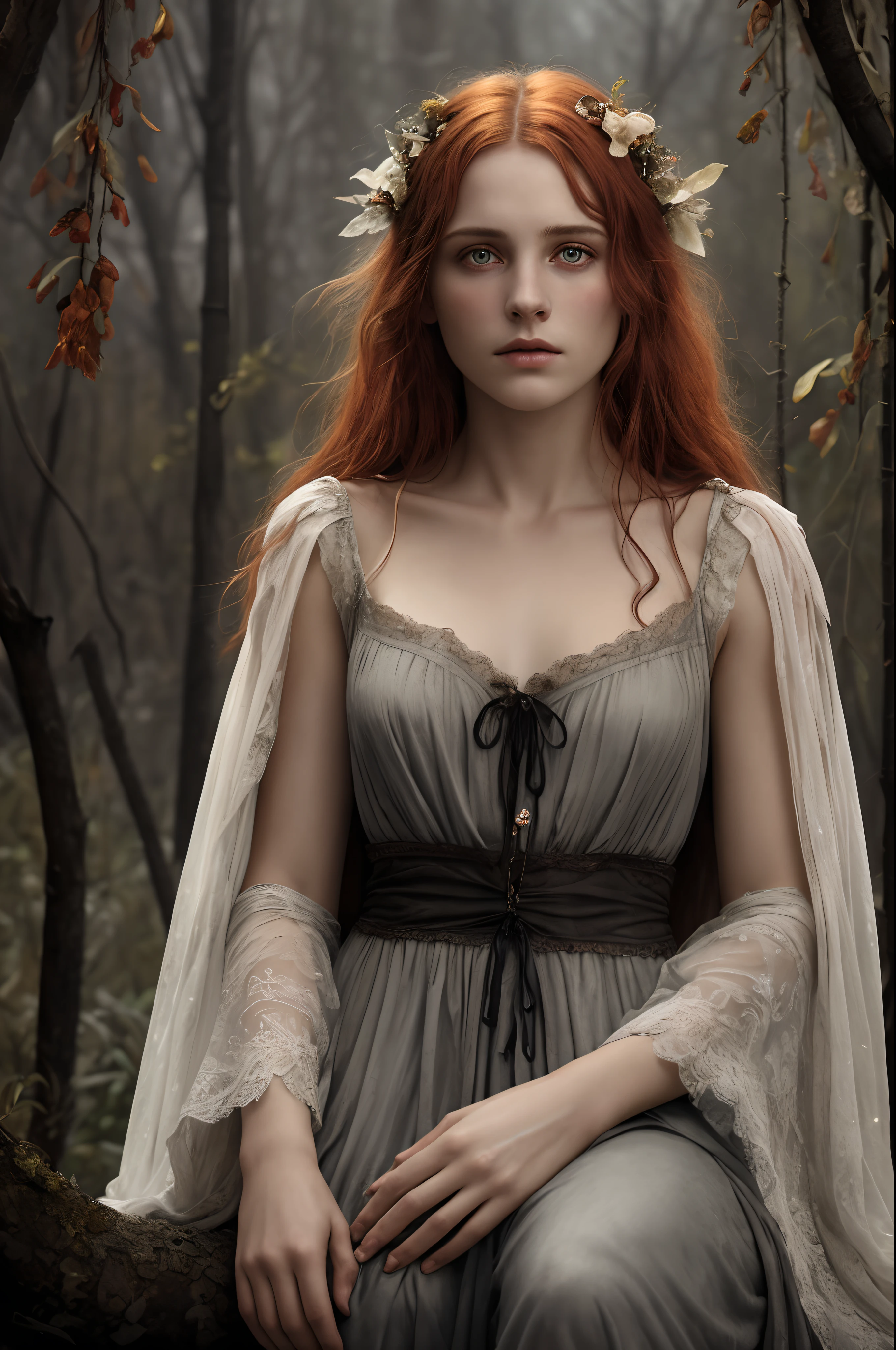 Full portrait, Realistic, Photorealistic, RAW photo, Highly detailed, cinematic rendering, Wild Dead Forest, evening, Cute 24-year-old woman, Leaning back in a tree and looking up at the grey cloudy sky, Redhead, Sexy, Dressed in a white tattered nightgown, Black leaves float in the air, the glittering particles flutter, Dinamic composition, Dark colours background, An atmosphere of melancholy and lonely, surreal photo by Alphonse Mucha, detailed perfect face, Melancholic eyes, Faded colors, cinematic composition