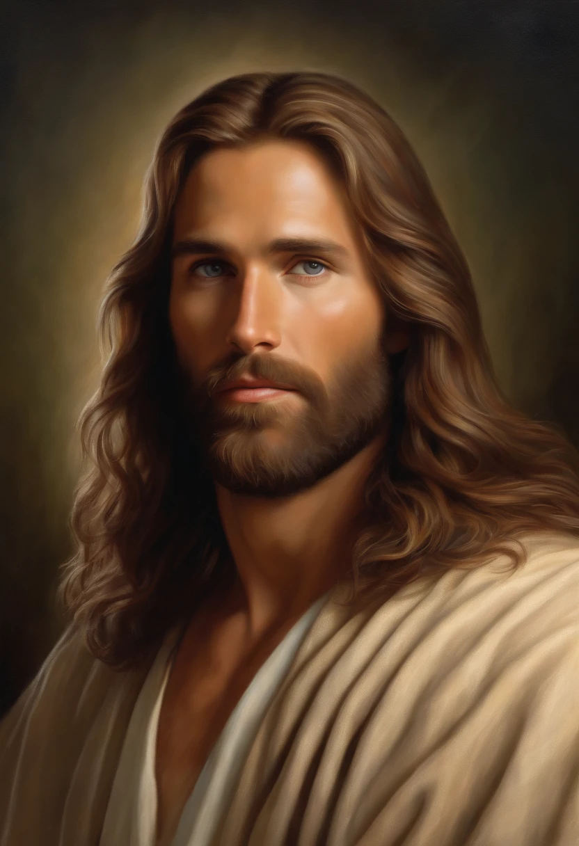 Arafed image of a man with long hair and beard, portrait of Jesus Christ, Jesus Christ, Greg Olsen, Jesus of Nazareth, painted in high resolution, The Lord and Savior, Jon McNaughton, 8K resolution. Oil on canvas, face of Jesus, portrait of religious masterpiece, ultra detail. Digital painting, dressed as Jesus Christ, very beautiful portrait, heavenly background