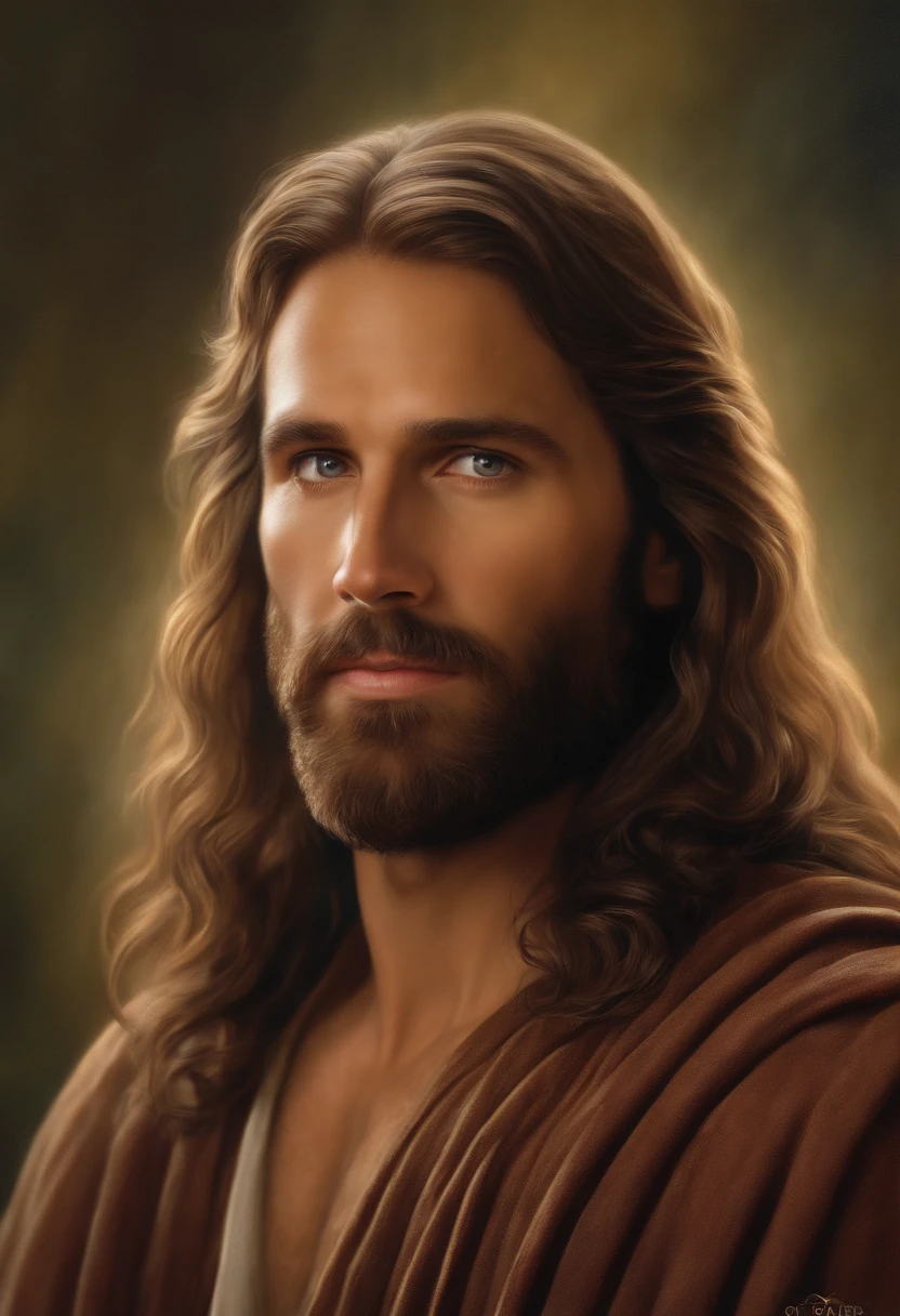 Arafed image of a man with long hair and beard, portrait of Jesus Christ, Jesus Christ, Greg Olsen, Jesus of Nazareth, painted in high resolution, The Lord and Savior, Jon McNaughton, 8K resolution. Oil on canvas, face of Jesus, portrait of religious masterpiece, ultra detail. Digital painting, dressed as Jesus Christ, very beautiful portrait, heavenly background