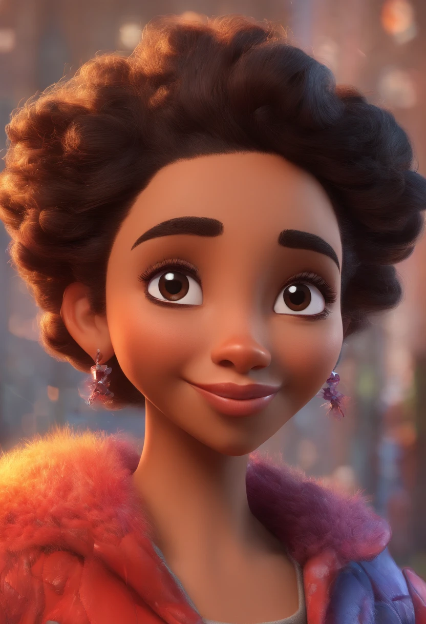 An illustration of an adorable woman, destacando uma mulher bonita pele oscura, Expressive eyes – the woman's skin is black and the woman's hair is large and curly. Desenvolva esta arte em Full HD, Focus on your cinematic touch, Estilo Disney Pixar Animations