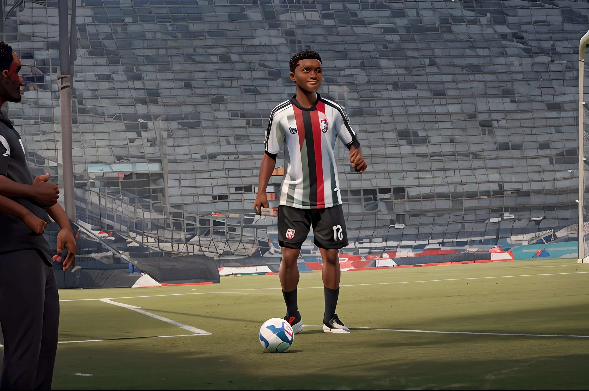 Homem de 26 anos negro em um campo de futebol jogando pelo seu time flamengo muito feliz