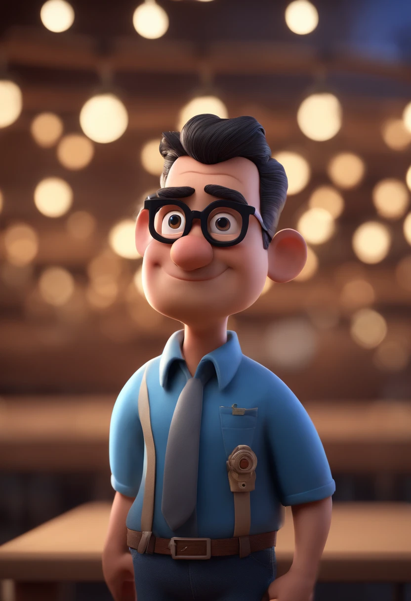 Cartoon character of a man with black glasses and a blue shirt, animation character, Caractere estilizado, animation style rendering, 3D estilizado, Arnold Maya render, 3 d render stylized, toon render keyshot, Personagem 3D, Personagem 3D, 3d rendering stylized, 3 d character render, personagem de desenho animado, Personagem de close up, Pose de personagem, (Estilo Pixar) (master part:1.2) (Bokeh) (best quality) (pele detalhada) (textura detalhada) (8k) (argila) (Cinematic lighting) (foco nítido