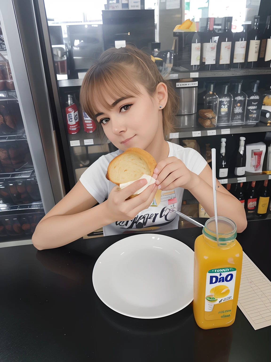 There's a young woman sitting at a table eating a sandwich, com uma bebida, segurando uma bebida, Fazer um lanche, Tomado com Sony Alpha 9, pegando seus tacos e bebida), competition winning, beber, at the counter, eating garlic bread, uma obra-prima impressionante, comer uma rosquinha, fast food review, Tiro na Nikon Z9, delicioso