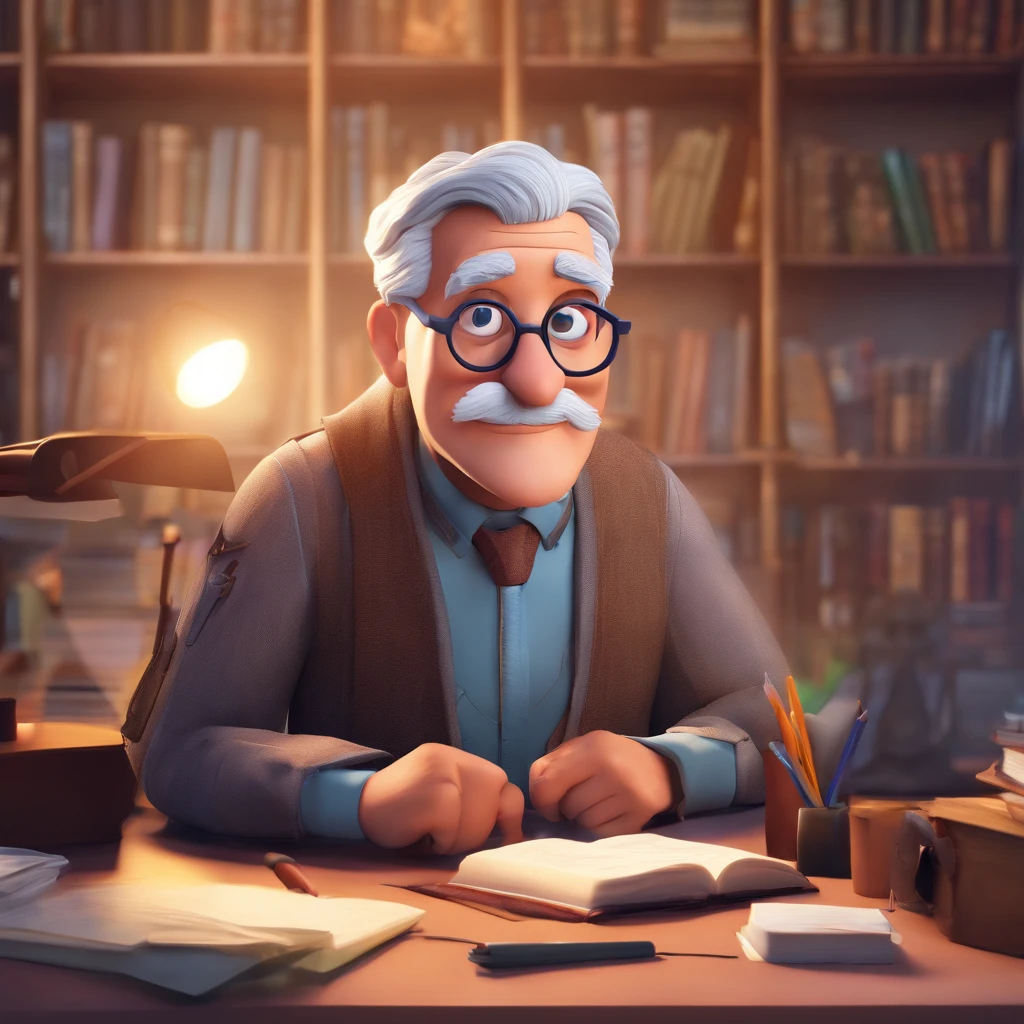 Crie um cartaz inspirado na Disney Pixar com o personagem sendo o pastor Rubens Janier, A gray-haired man wearing glasses, in an office with a Bible on the table