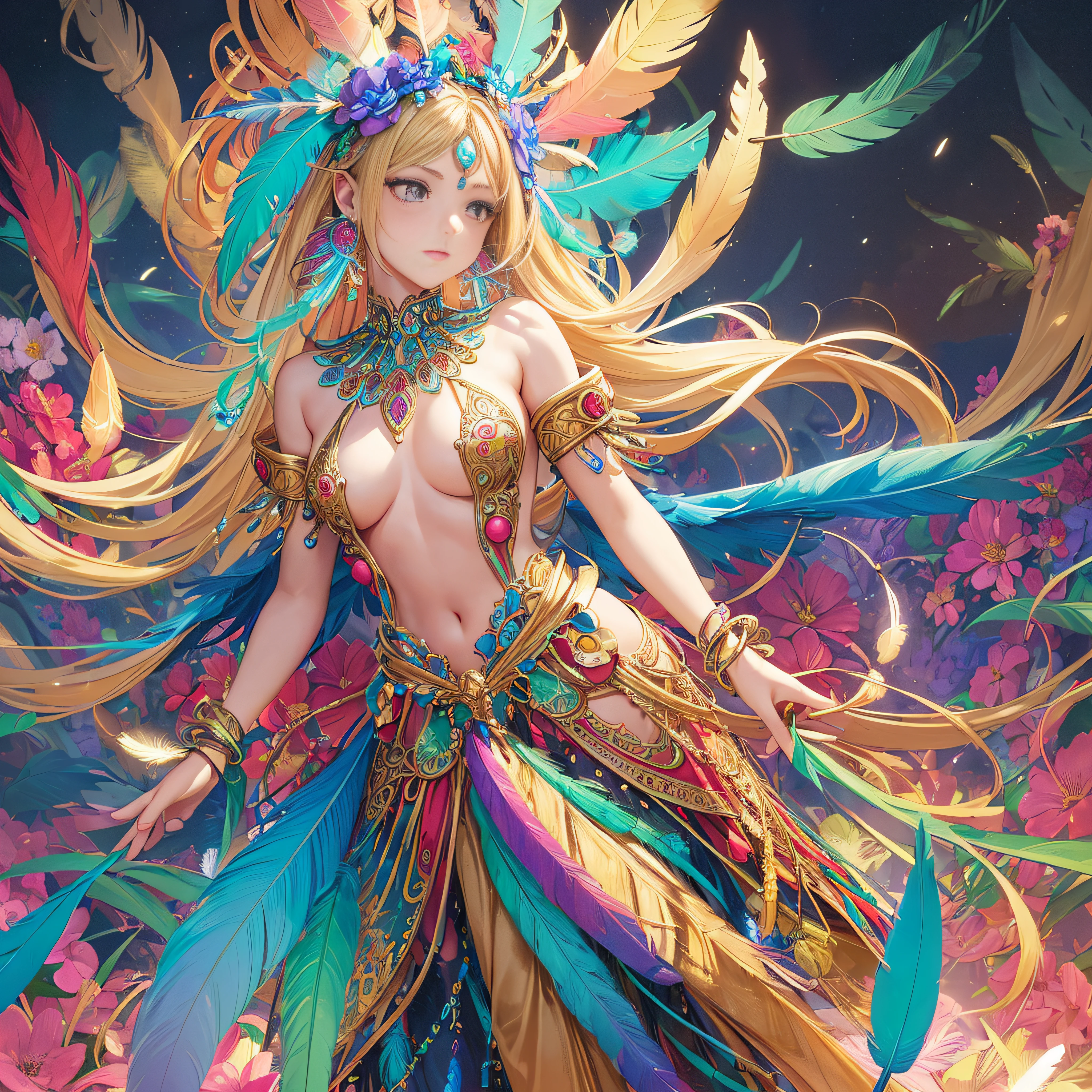 girl with, Small breasts, Bare shoulders, Blonde hair, colorful feather, metal ornaments, Colorful flowers, Particle, light, (masutepiece, of the highest quality, Best Quality, Official art, Beautiful and aesthetic:1.2), (1girl in:1.3), Extremely detailed, (Fractal Art:1.1), ( Colorful:1.1)(Flowers:1.3),highest details,(Zentangle:1.2), (Dynamic Pose), (Abstract background:1.3), (Shiny skin), (Many colors:1.4), (earrings:1.4), (Feathers:1.4), Full body image --auto