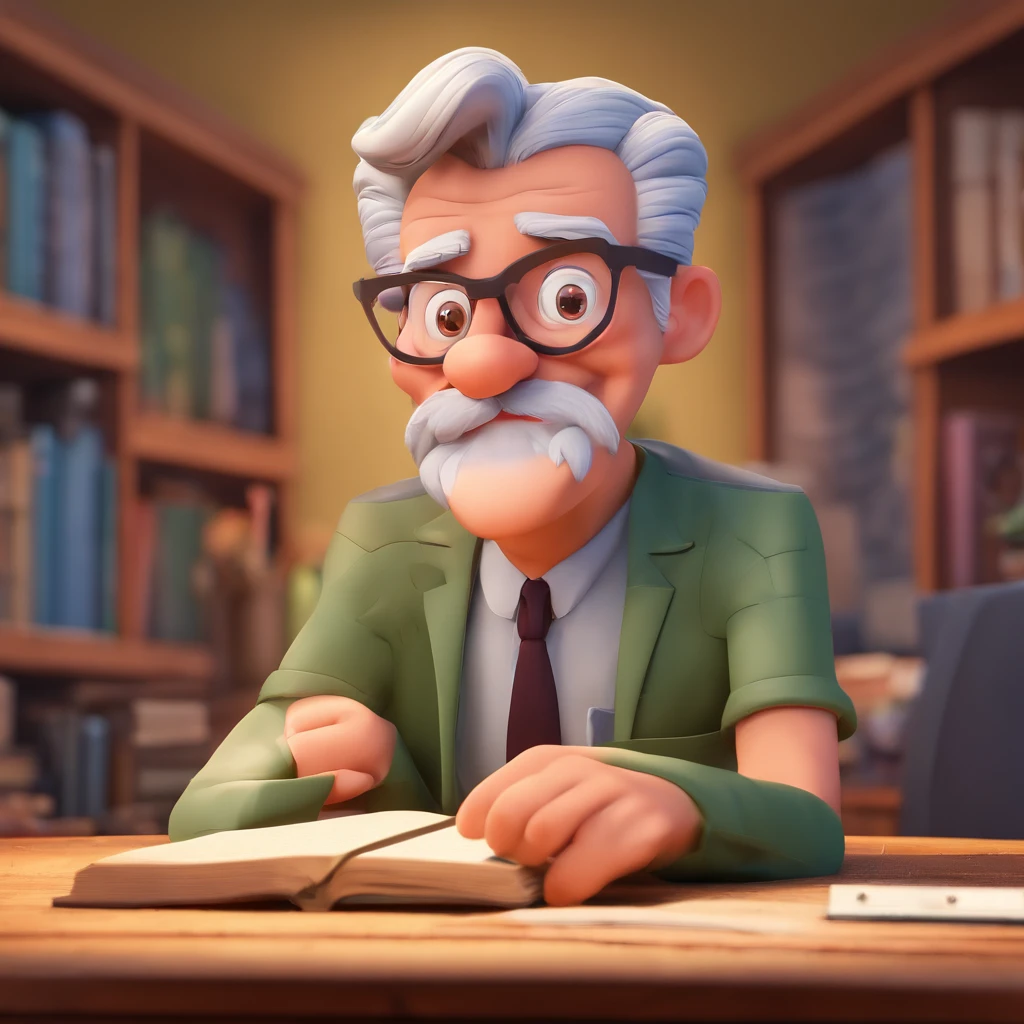 Crie um cartaz inspirado na Disney Pixar com o personagem sendo o pastor Rubens Janier, A gray-haired man wearing glasses, in an office with a Bible on the table